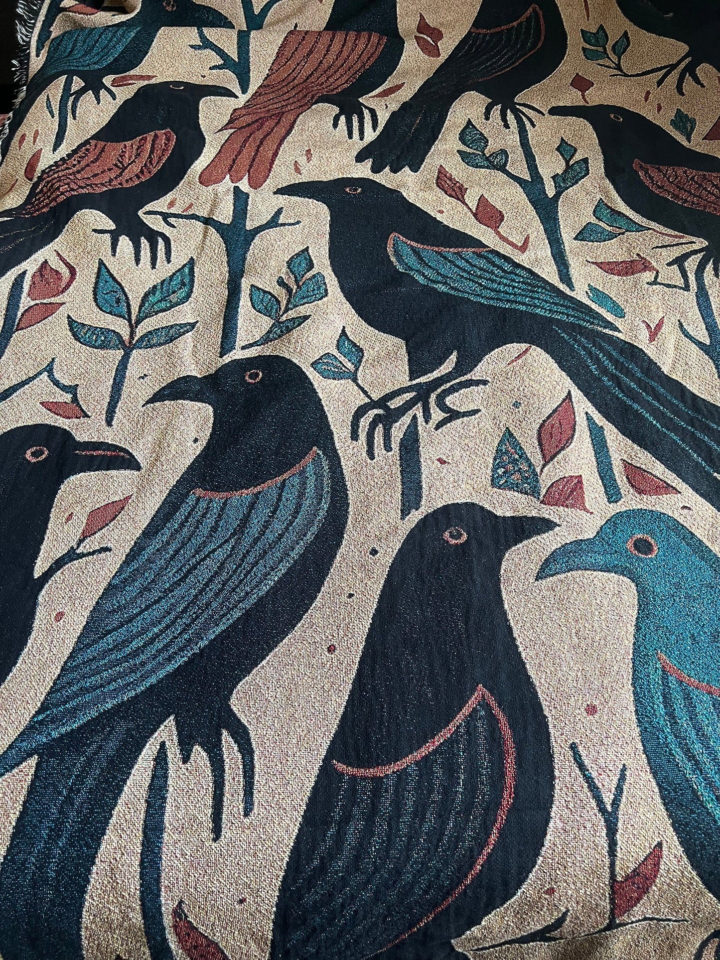 The Black Crows Folk Art Woven Throw Blanket