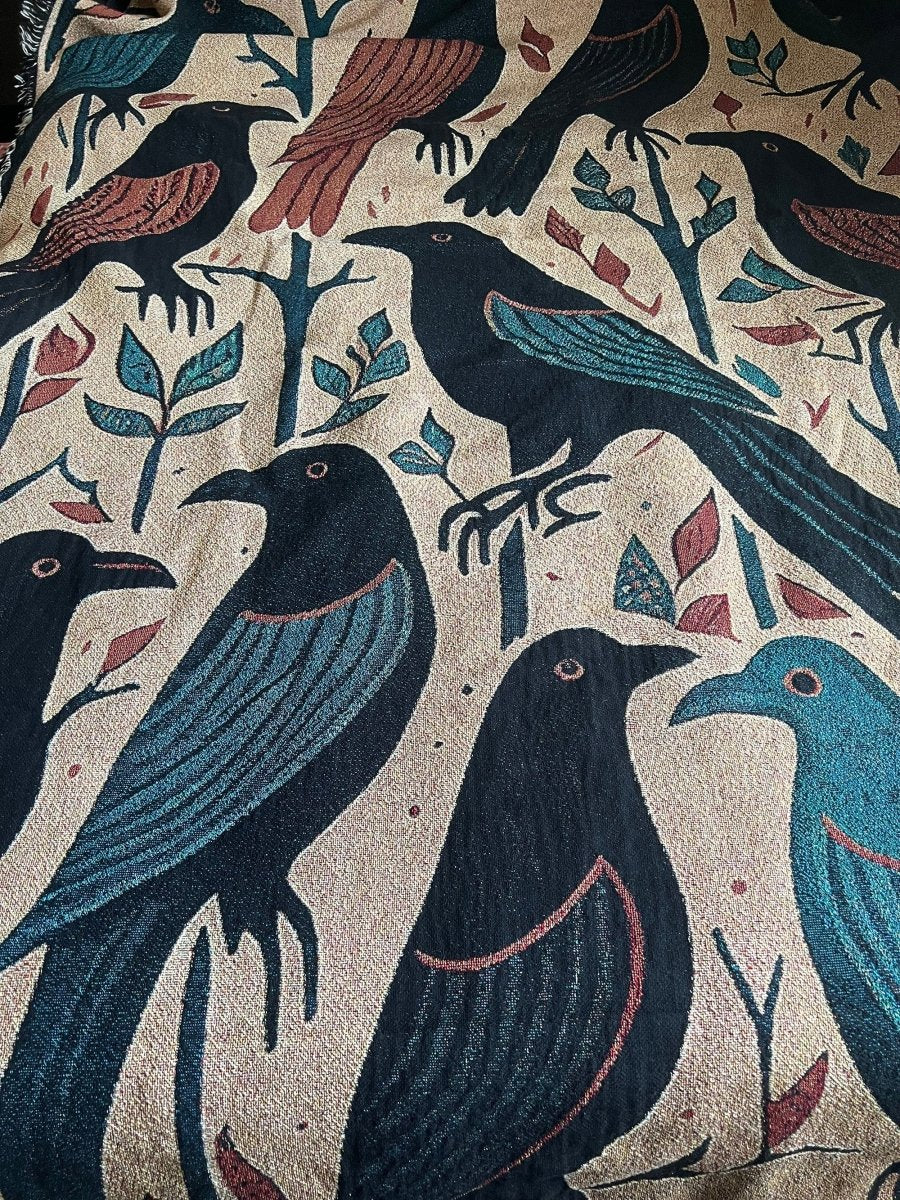 The Black Crows Folk Art Woven Throw Blanket