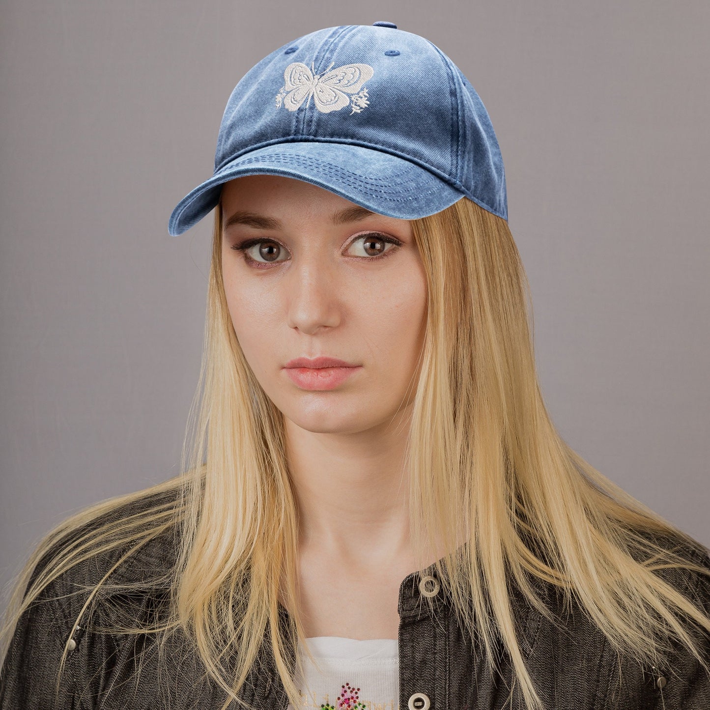 Butterfly Embroidered Denim, black, and beige Baseball Hats