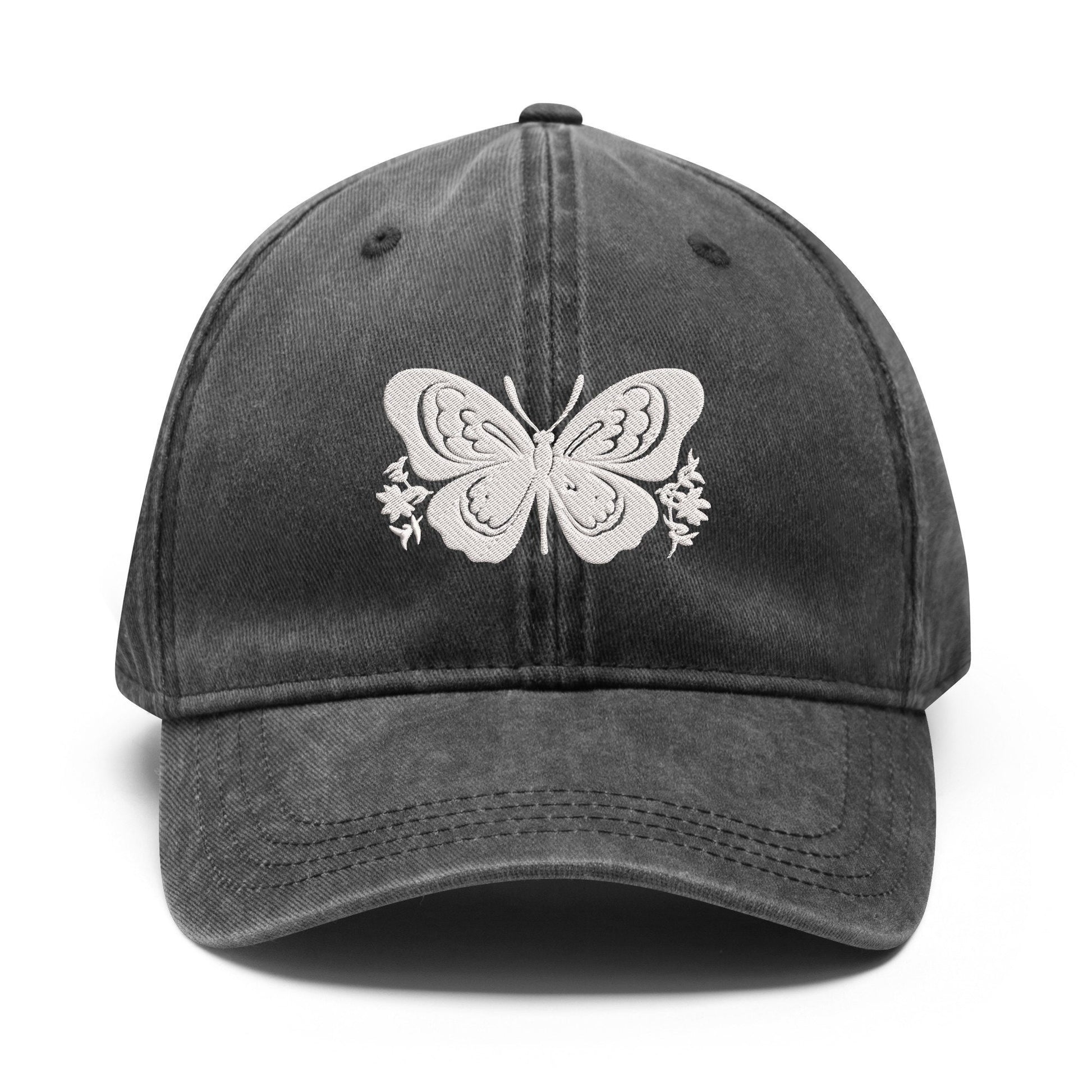 Butterfly Embroidered Denim, black, and beige Baseball Hats