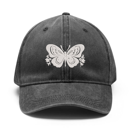 Butterfly Embroidered Denim, black, and beige Baseball Hats