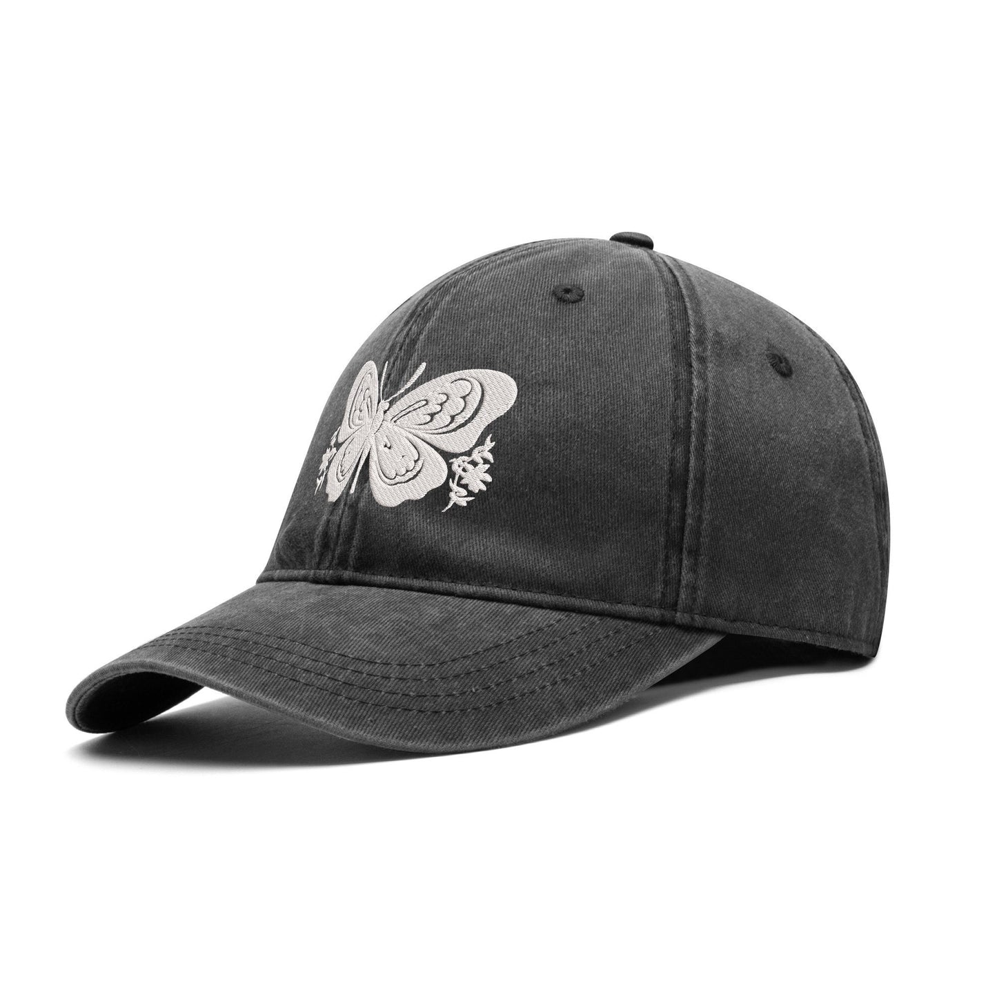 Butterfly Embroidered Denim, black, and beige Baseball Hats