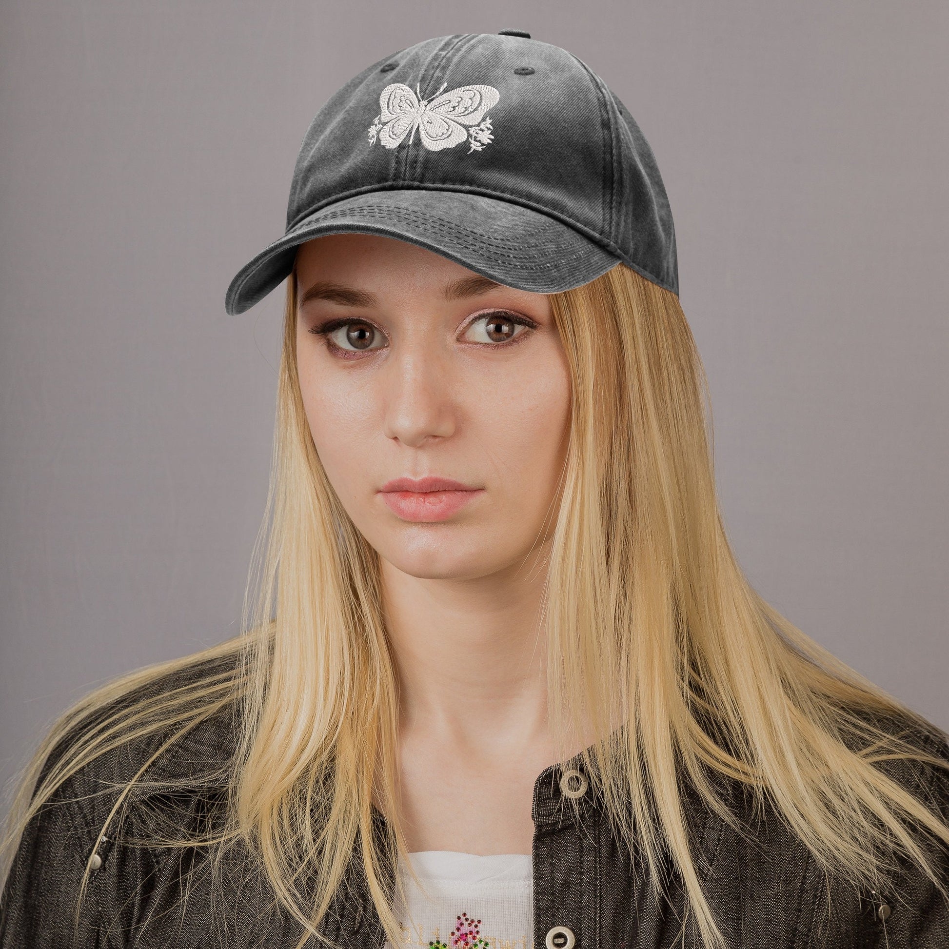 Butterfly Embroidered Denim, black, and beige Baseball Hats