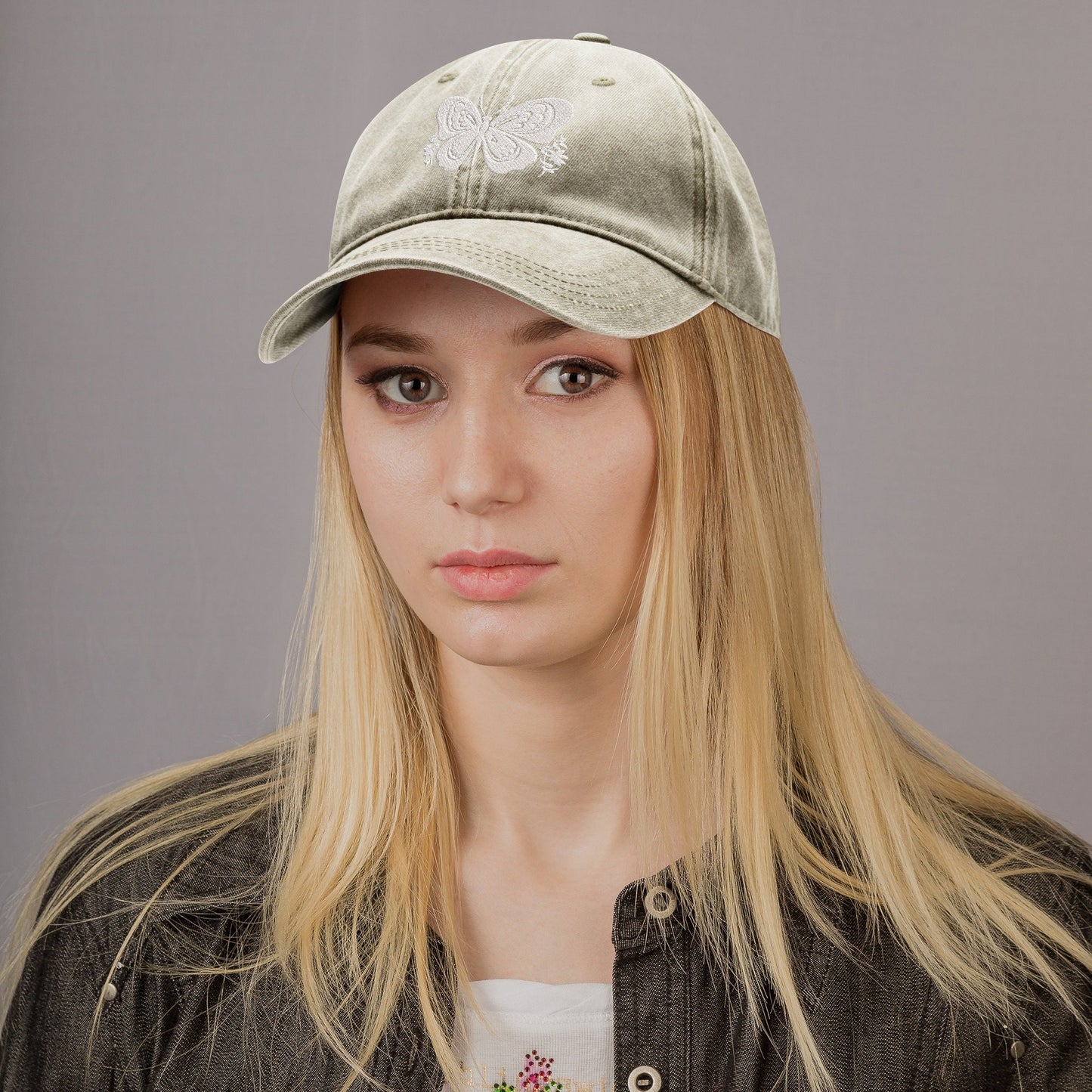 Butterfly Embroidered Denim, black, and beige Baseball Hats