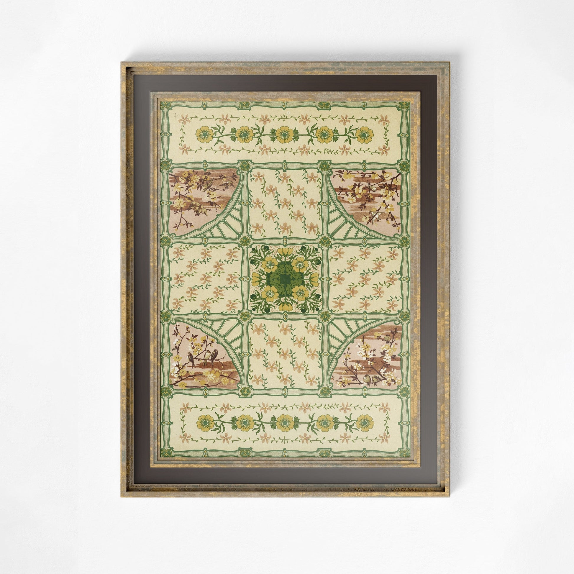 Vintage Green Floral Art - Ornate Nouveau Print - Bohemian Print Large Artwork - Green and Beige