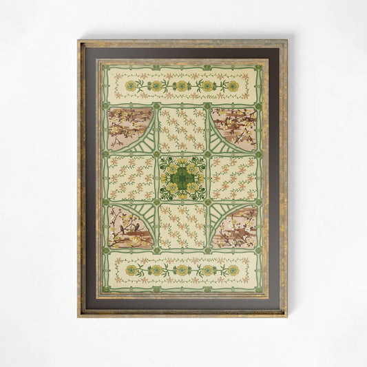 Vintage Green Floral Art - Ornate Nouveau Print - Bohemian Print Large Artwork - Green and Beige