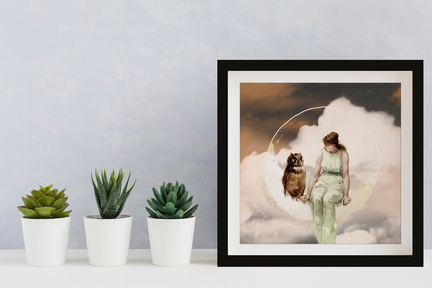 Vintage Owl Painting - Angel and Owl on Moon - Frederick Stuart Church, The Witch's Daughter, 1881, watercolor
