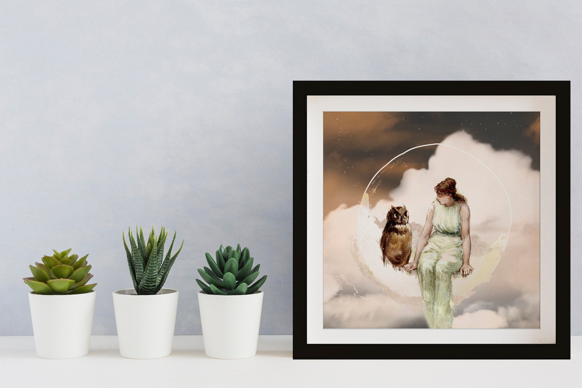 Vintage Owl Painting - Angel and Owl on Moon - Frederick Stuart Church, The Witch's Daughter, 1881, watercolor