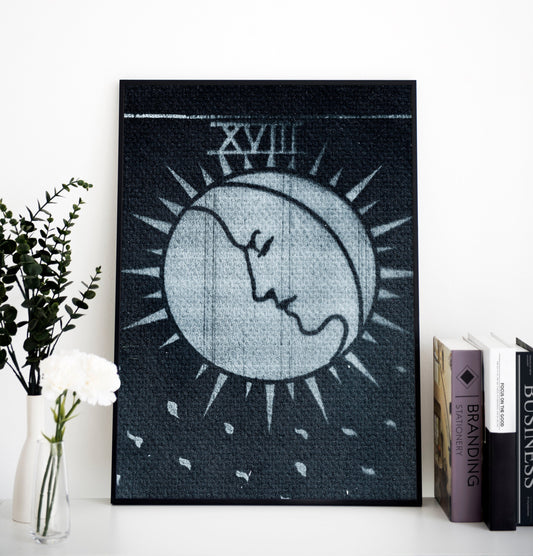The Moon Tarot Print - Cyanotype - Grunge - Gothic Decor Bohemian Art - Blue Black Print - Moody
