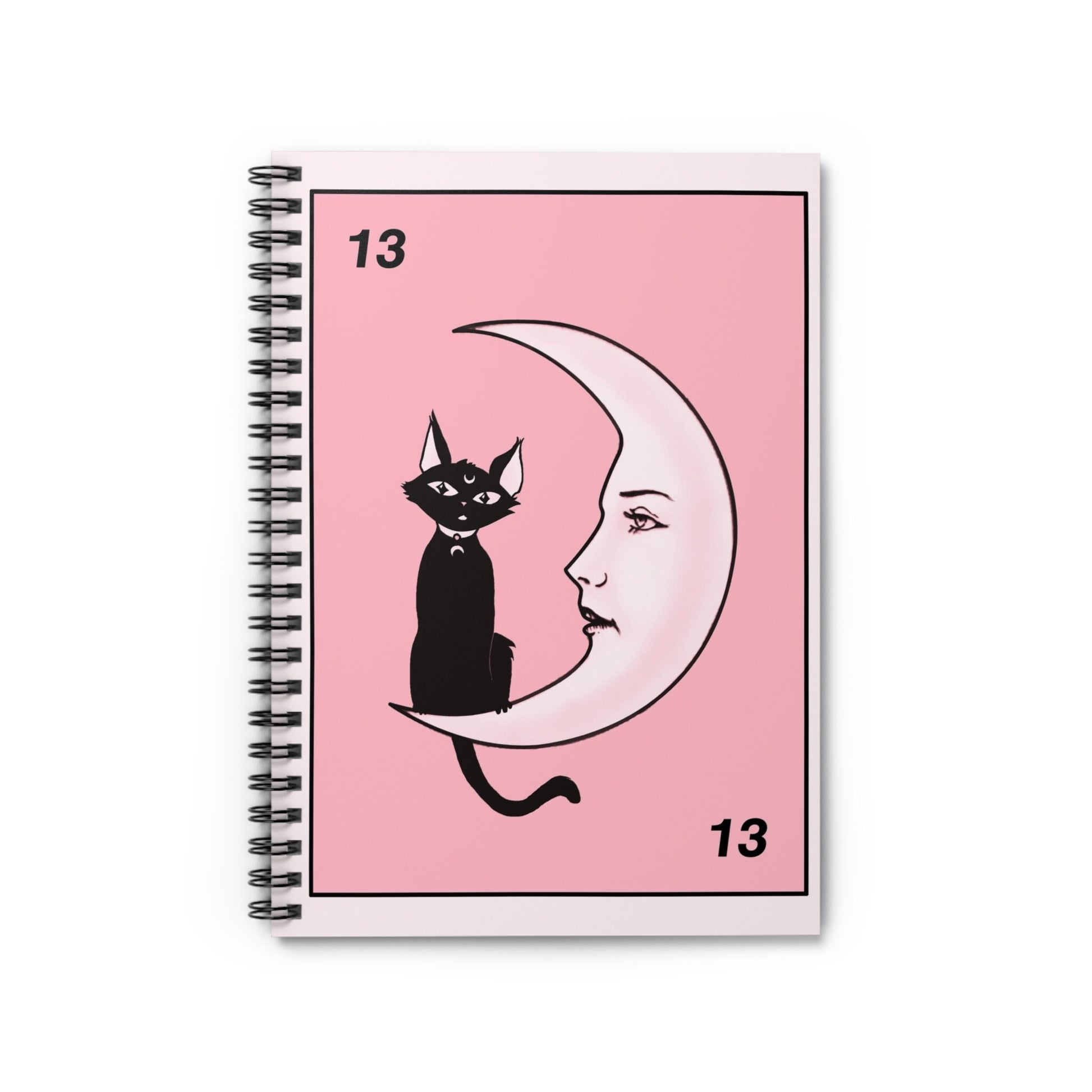 Cute Pink Notebook - Cat and Moon - Spiral Notebook - Ruled Line