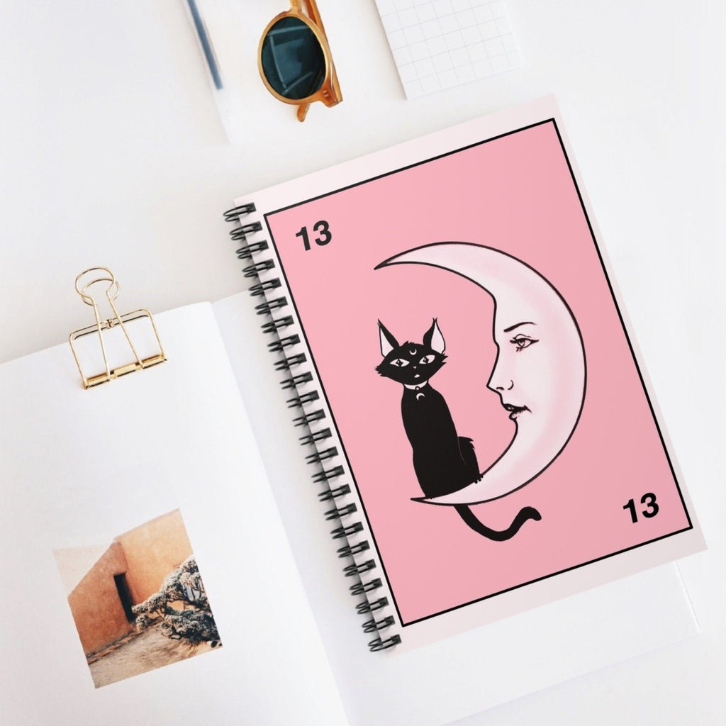 Cute Pink Notebook - Cat and Moon - Spiral Notebook - Ruled Line