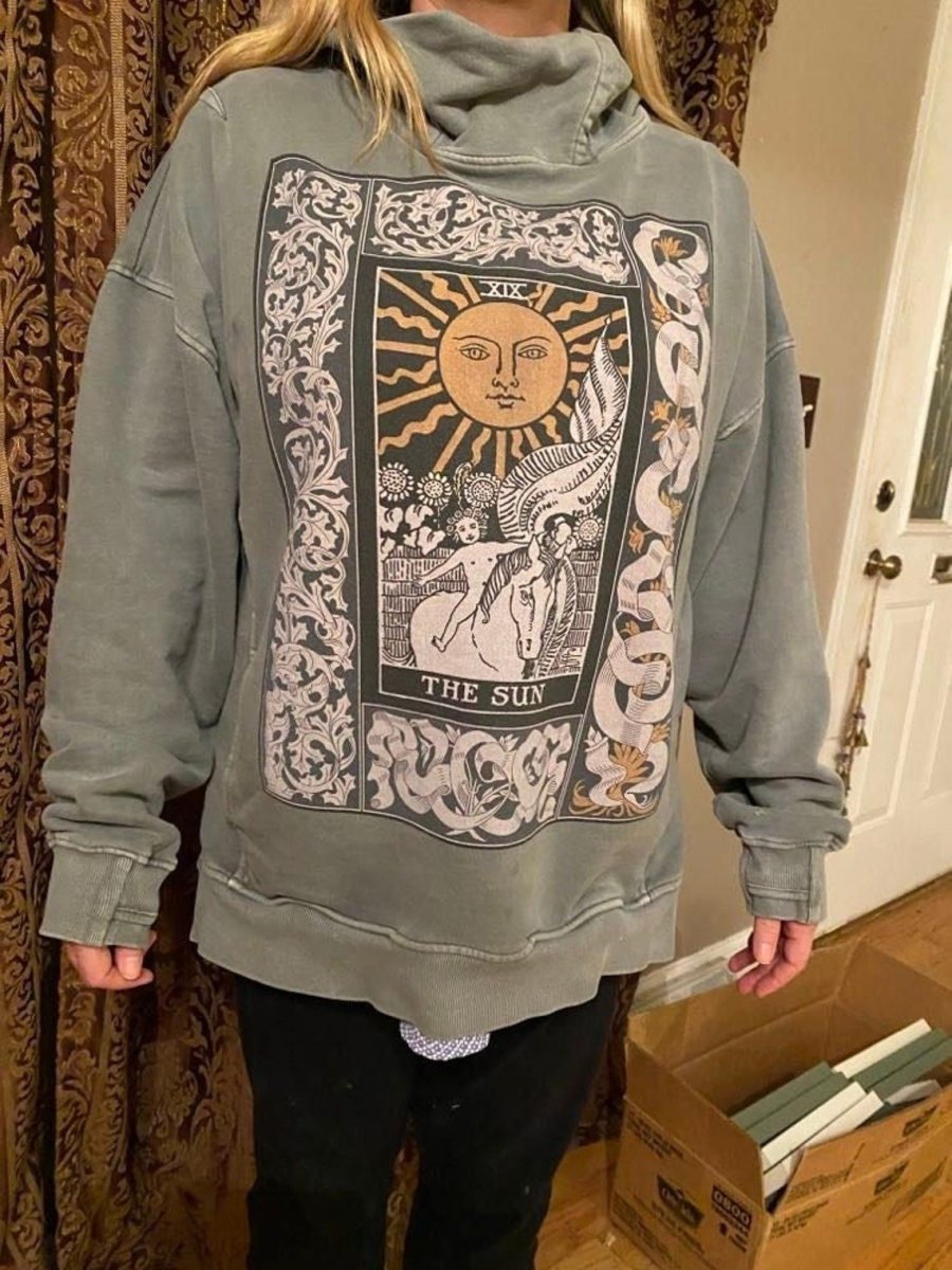 Tarot Hoodie - The Sun Card - Mens Or Womens - Washed Slit Hem Turtleneck Hoodie
