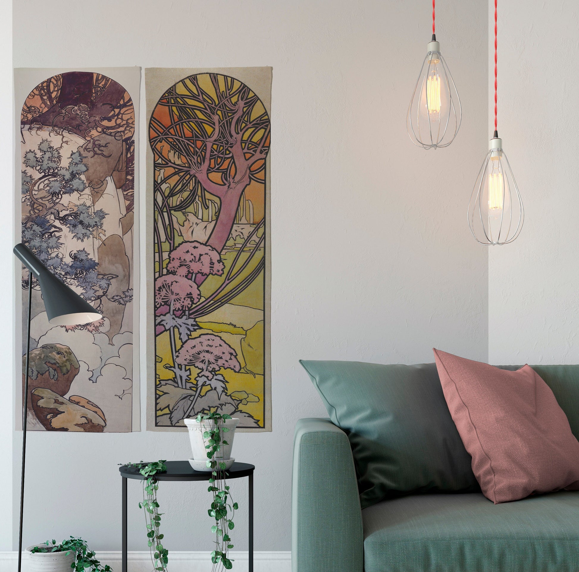 Art Nouveau Tapestry - Green and Orange - Double - Bohemian Wall Hanging -Boho - Mucha by DesignBohemian