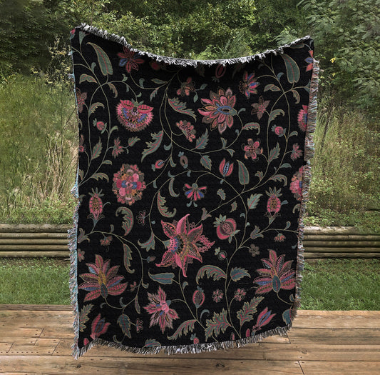 Vintage Asian Floral Blanket: Black Woven Cotton Tapestry by DesignBohemian