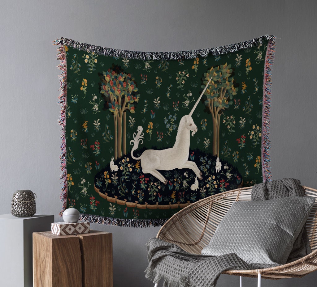 Green Unicorn Woven Blanket Tapestry - Cotton Wall Hanging by DesignBohemian