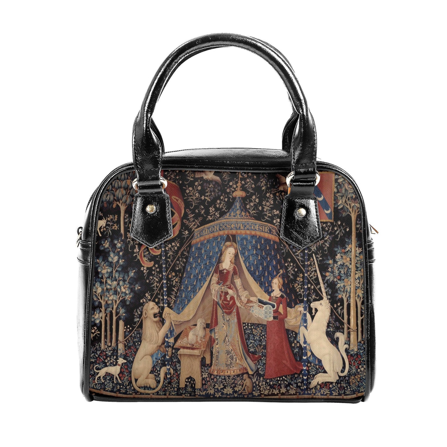 Lady with Unicorn Purse - Medieval Bag - Black Design - Shoulder Handbag