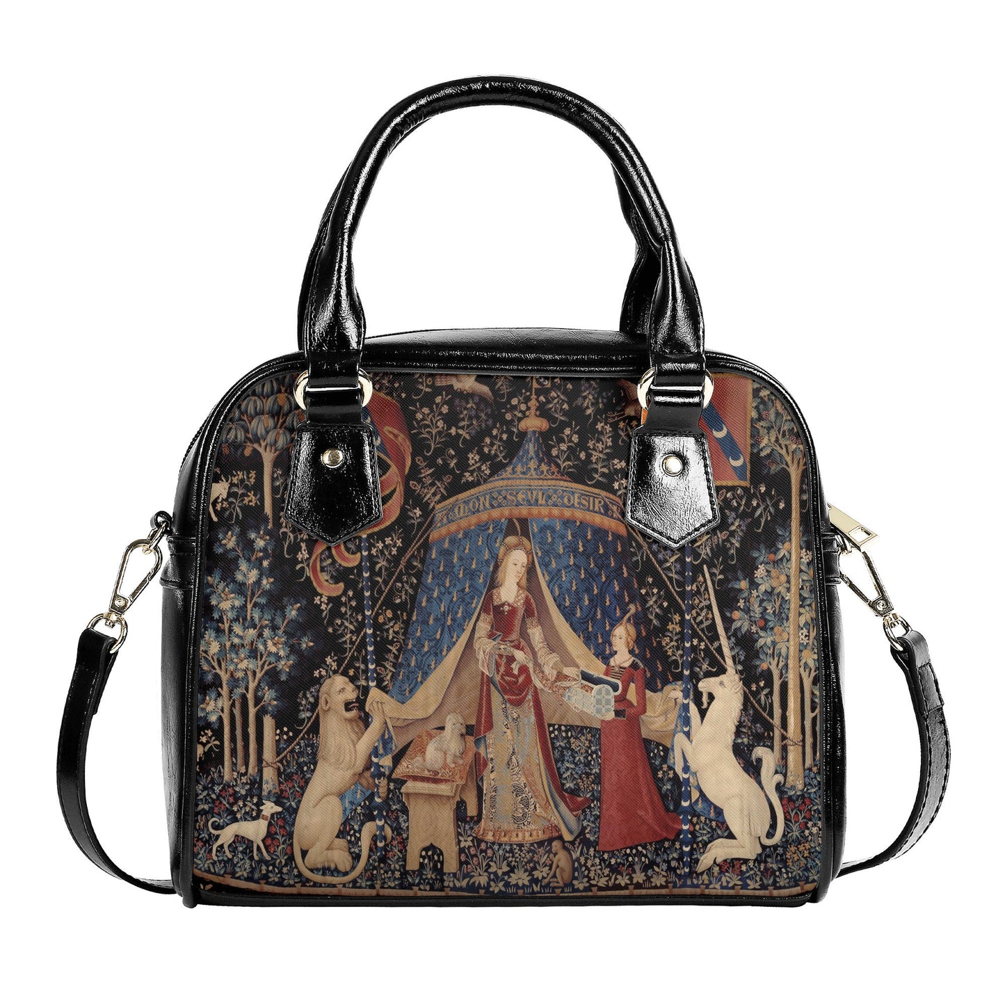 Lady with Unicorn Purse - Medieval Bag - Black Design - Shoulder Handbag