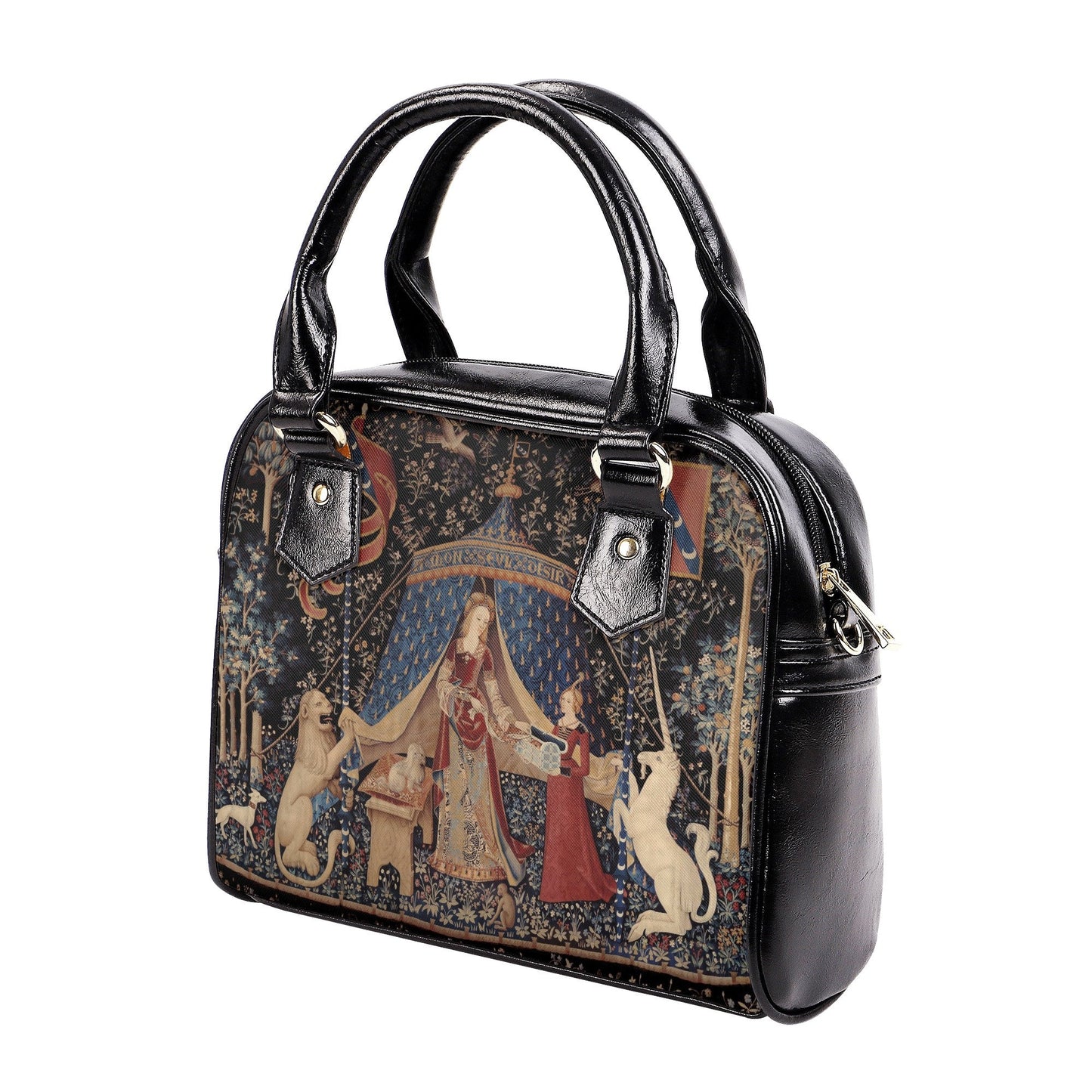 Lady with Unicorn Purse - Medieval Bag - Black Design - Shoulder Handbag