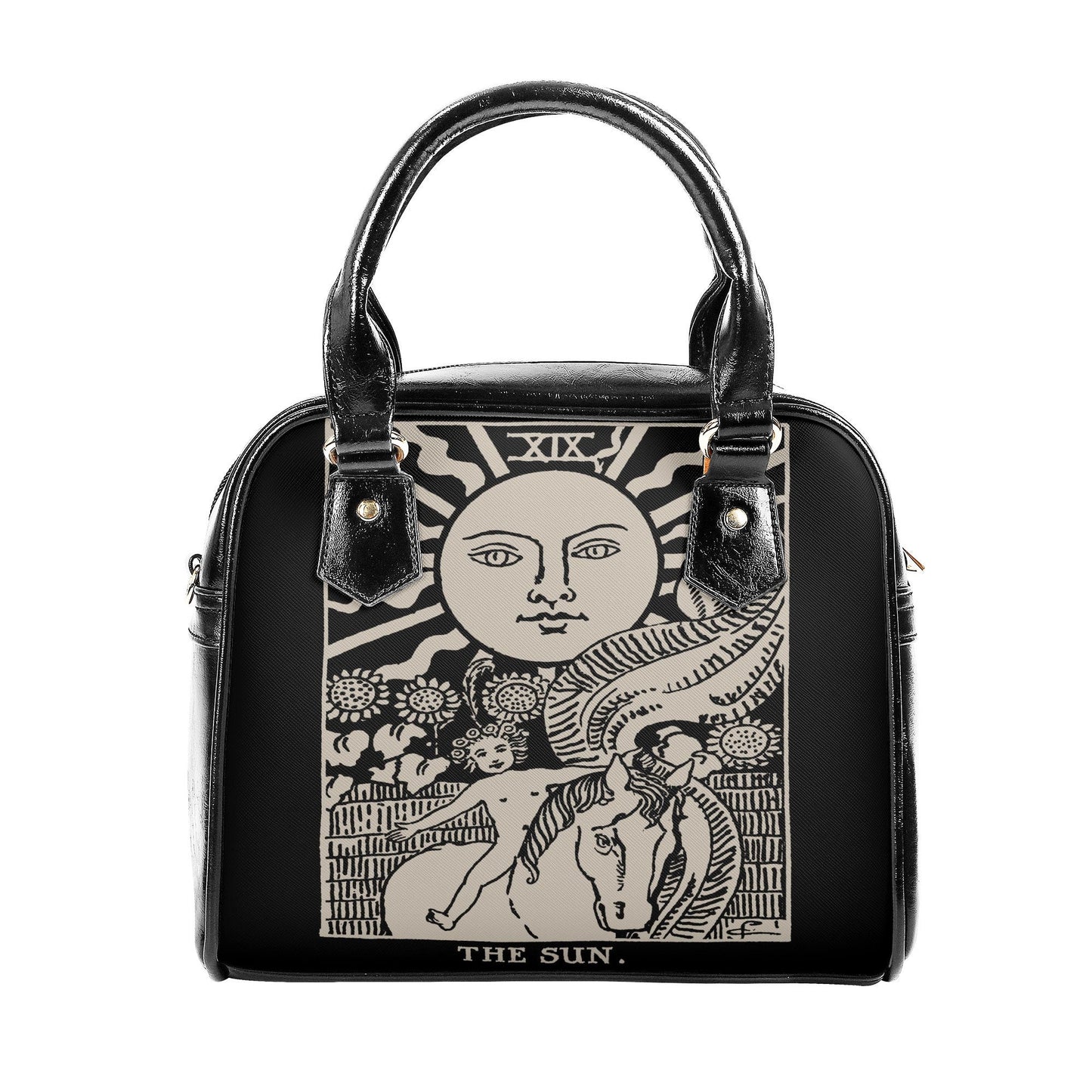 The Sun Card Handbag - Sun Tarot Art Bag - Black and Beige Shoulder Handbag