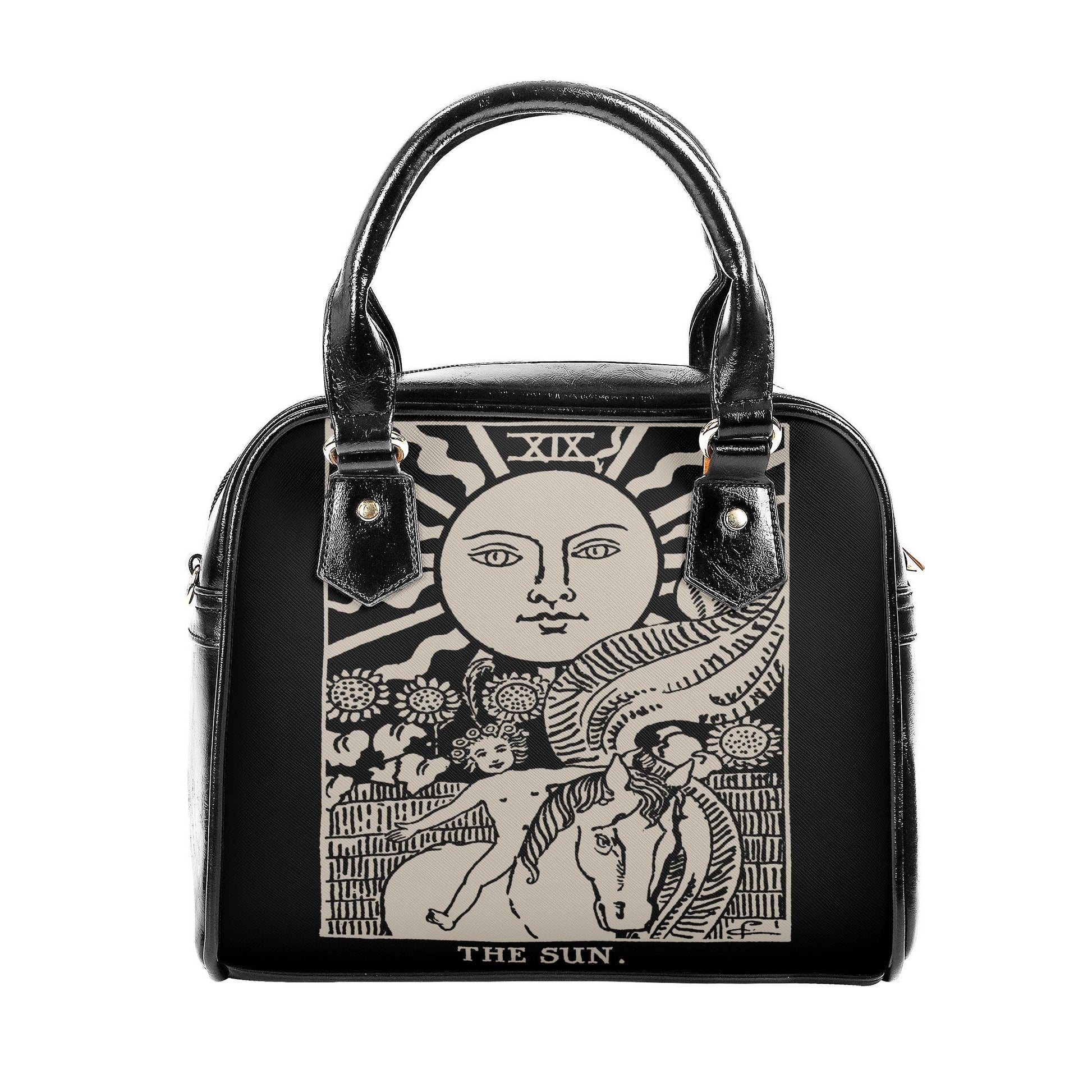 The Sun Card Handbag - Sun Tarot Art Bag - Black and Beige Shoulder Handbag