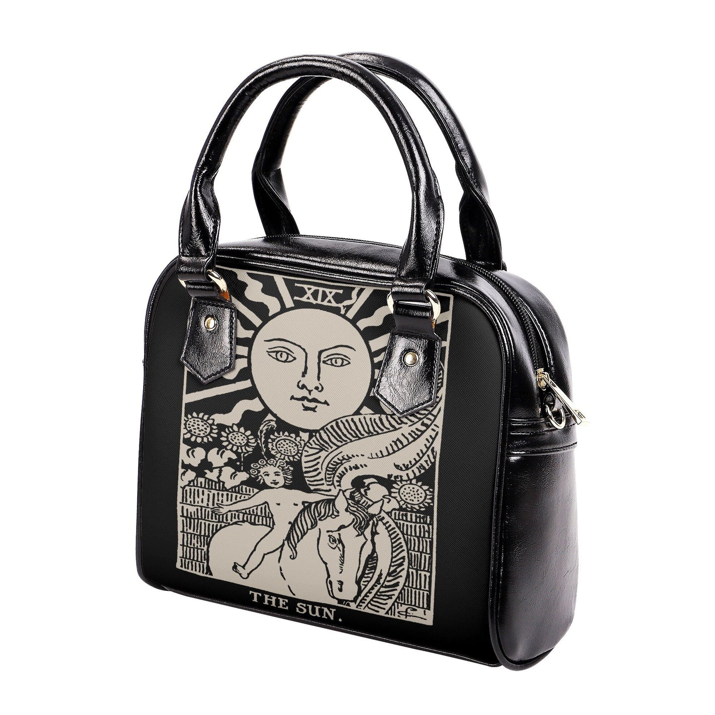 The Sun Card Handbag - Sun Tarot Art Bag - Black and Beige Shoulder Handbag