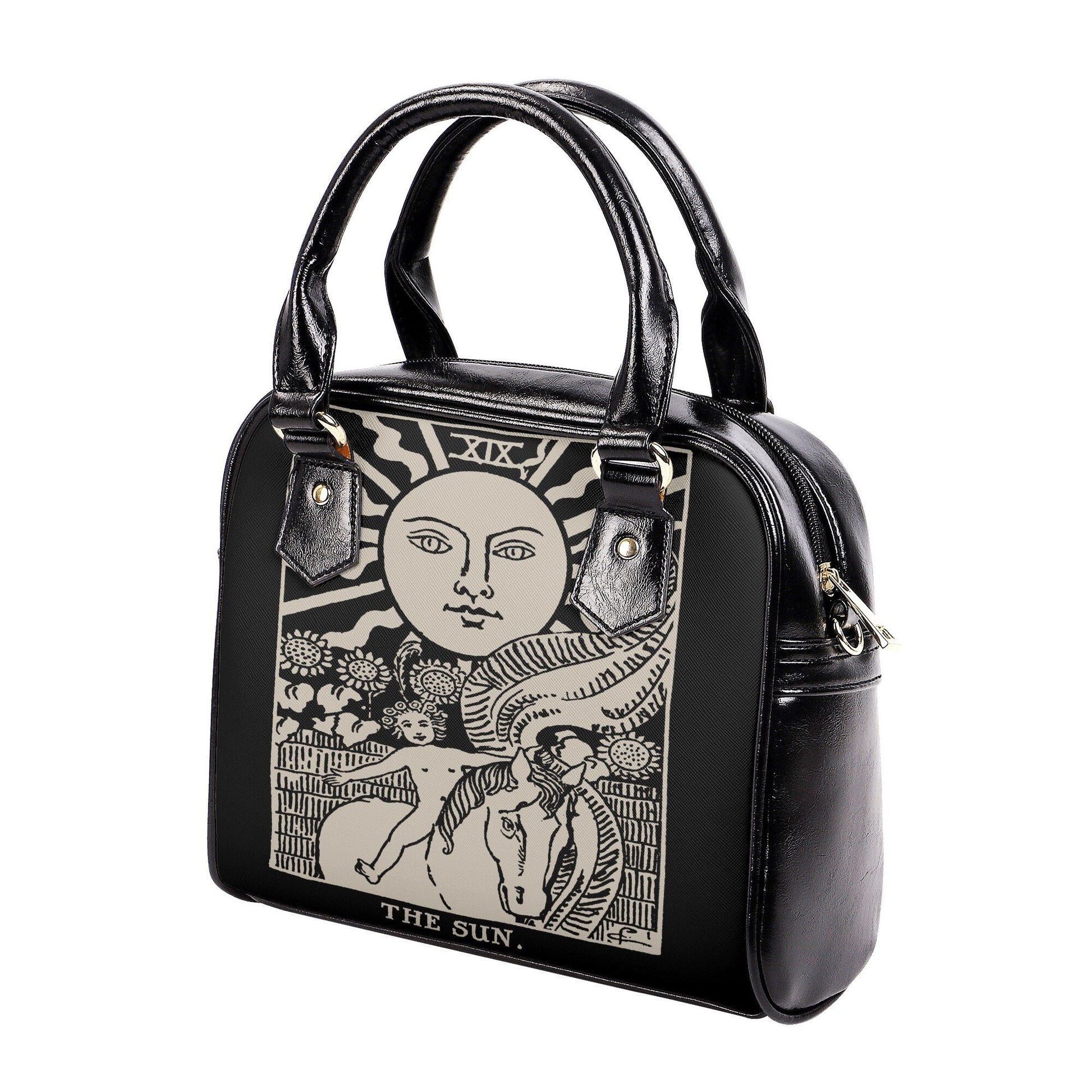 The Sun Card Handbag - Sun Tarot Art Bag - Black and Beige Shoulder Handbag