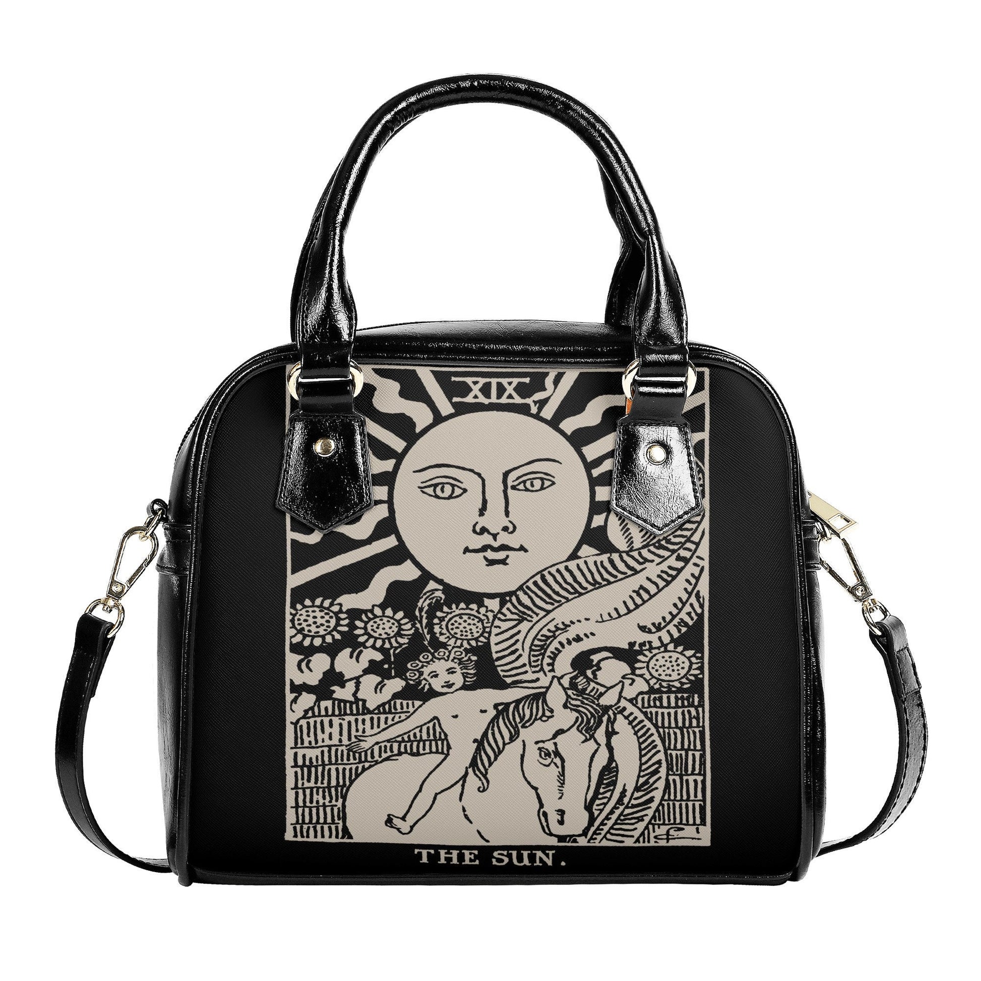 The Sun Card Handbag - Sun Tarot Art Bag - Black and Beige Shoulder Handbag