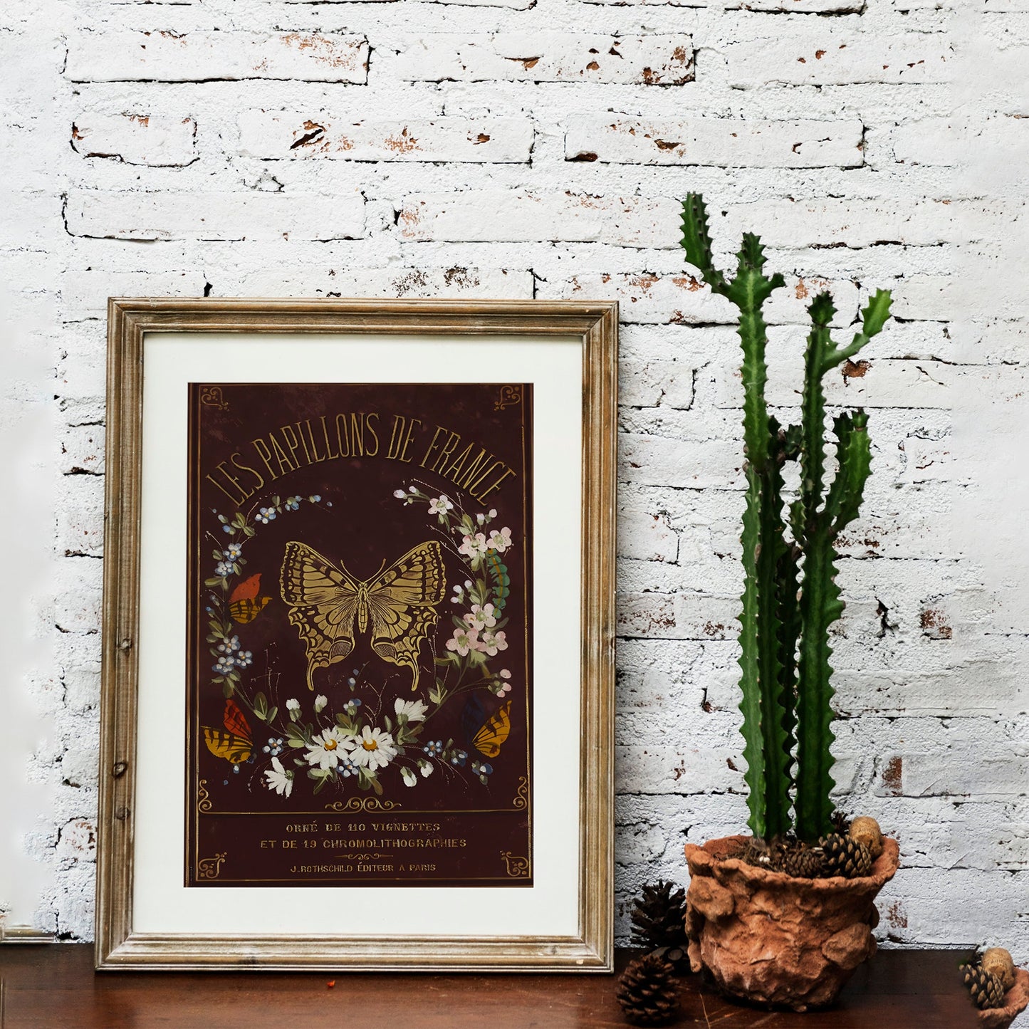 Vintage Book Cover Print - Beige and Gold - Art Nouveau Poster - Butterfly Floral Print - Bohemian Print Large Artwork