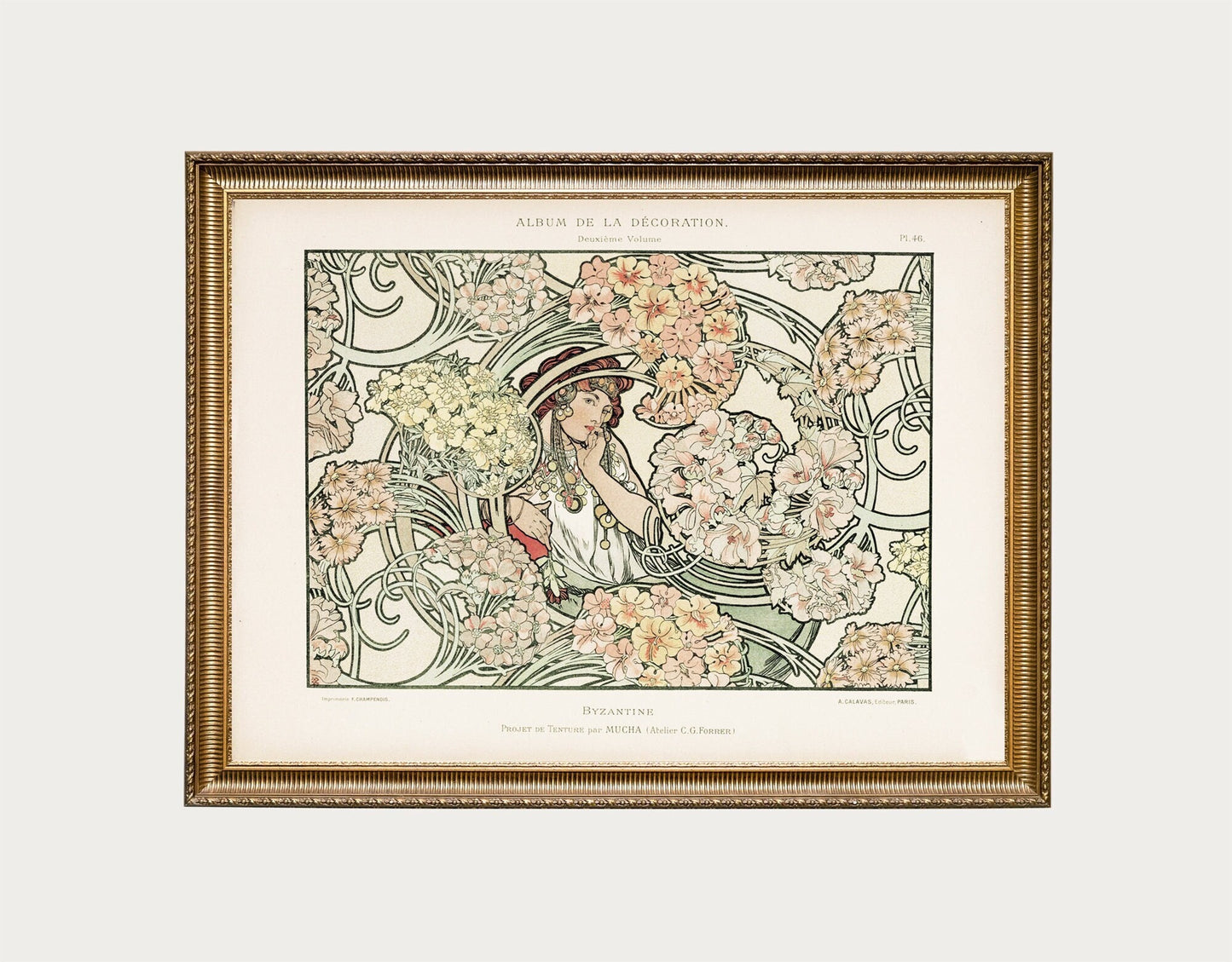 Mucha Original - Art Nouveau Poster Floral Print Bohemian Print Large Artwork Mucha - Beige, Pink, and Green - Paris Vintage