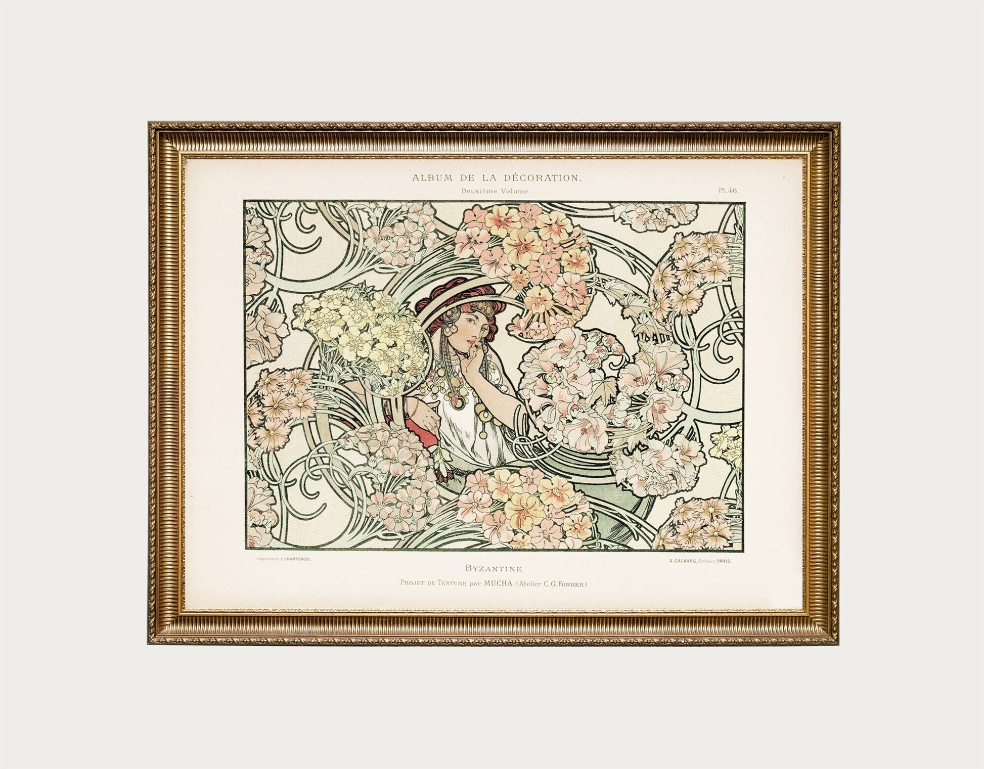 Mucha Original - Art Nouveau Poster Floral Print Bohemian Print Large Artwork Mucha - Beige, Pink, and Green - Paris Vintage