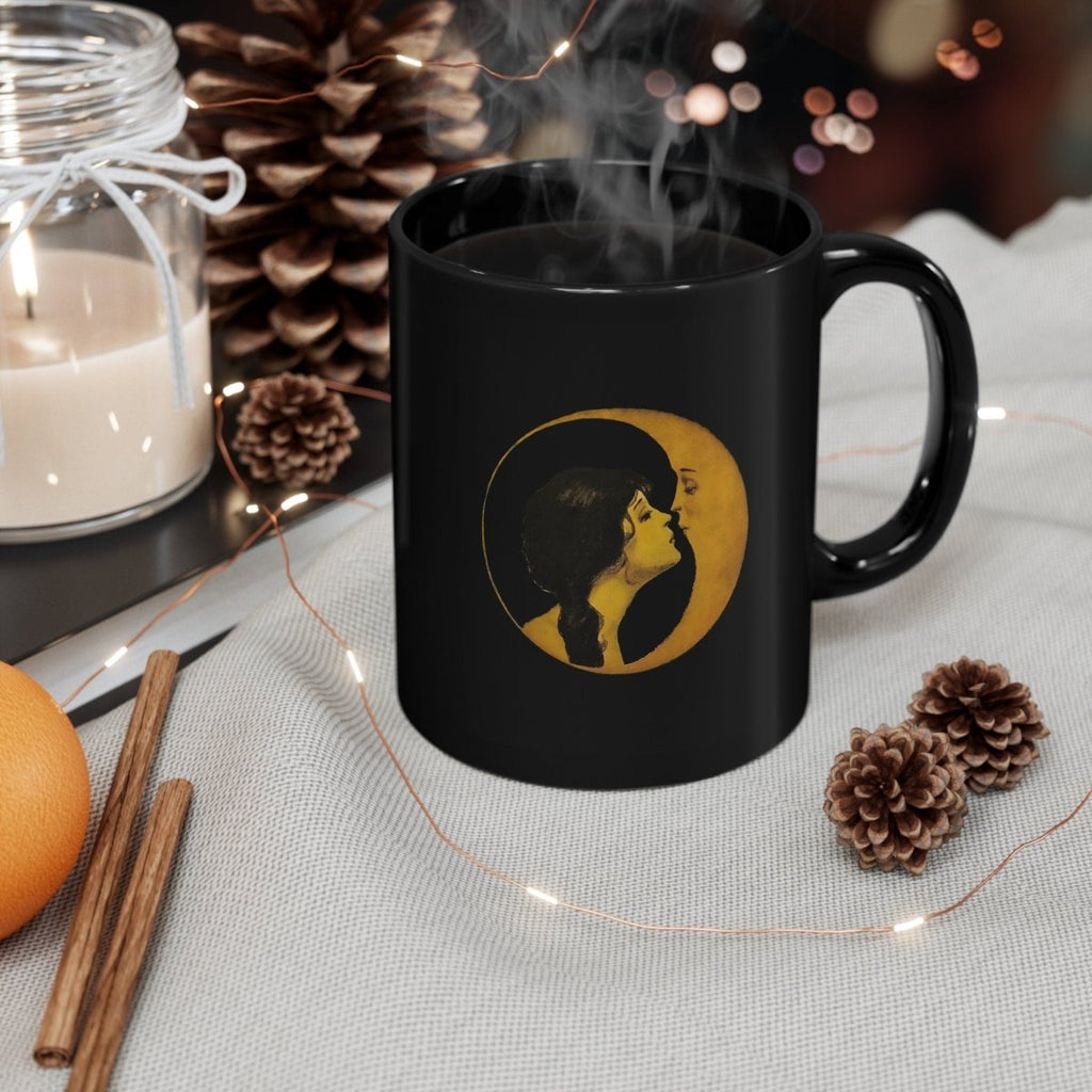 Woman Kissing Moon Mug 15 oz. Art Nouveau Mug - Vintage Black Coffee Cup - Moon Face Mug