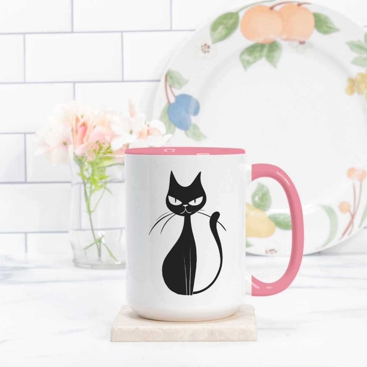 Midcentury Modern Cat Mug - Black Cat Mug - Pink Handle 15 oz. - Retro