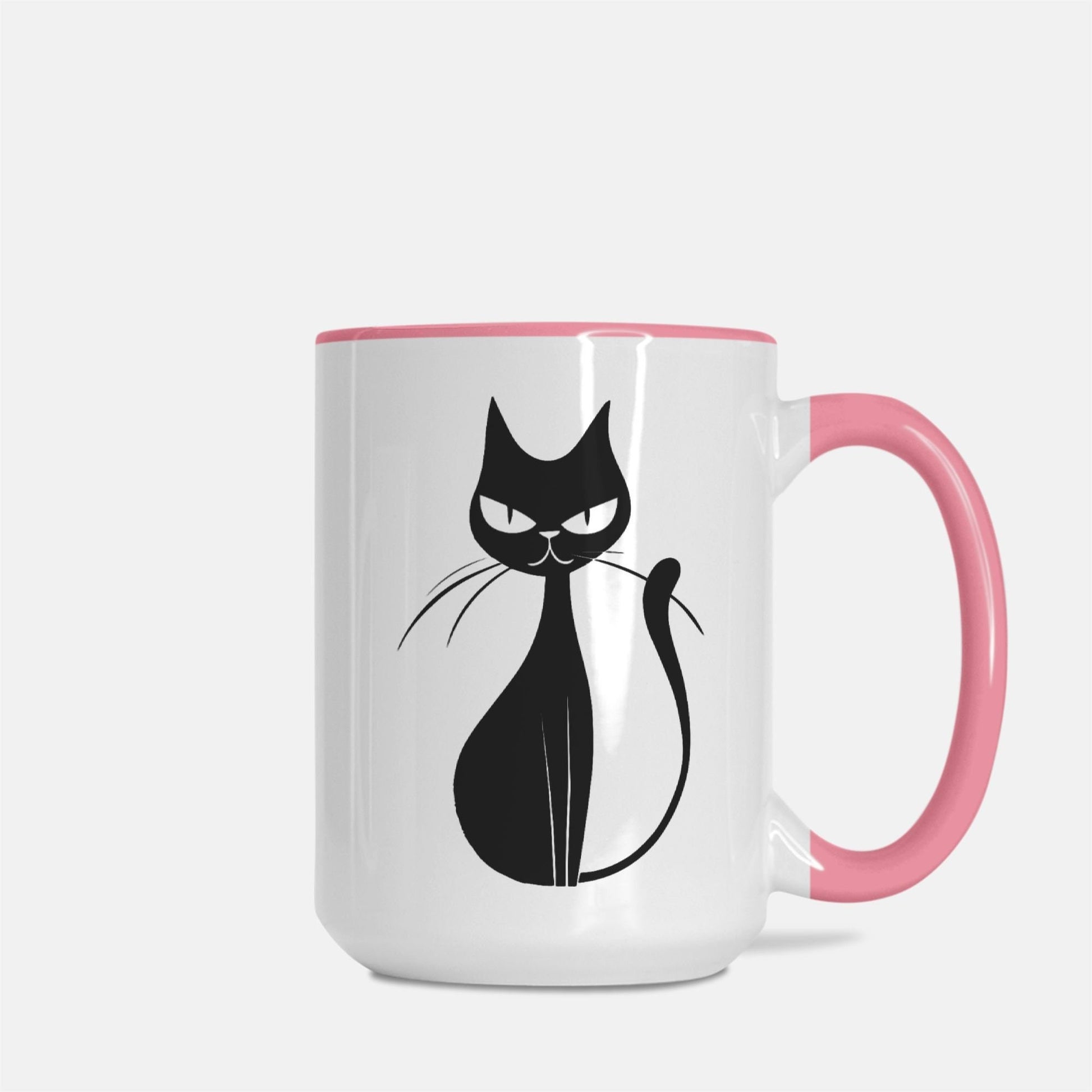 Midcentury Modern Cat Mug - Black Cat Mug - Pink Handle 15 oz. - Retro