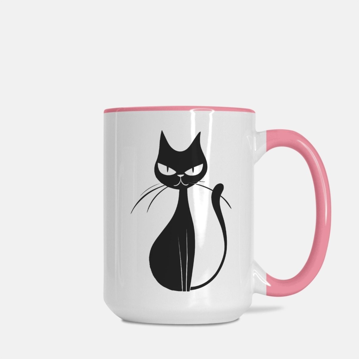 Midcentury Modern Cat Mug - Black Cat Mug - Pink Handle 15 oz. - Retro