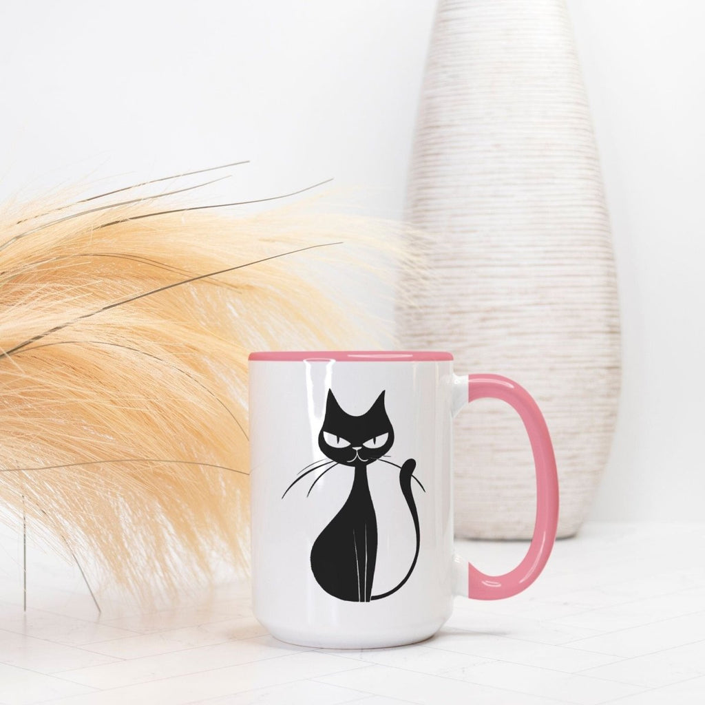 Midcentury Modern Cat Mug - Black Cat Mug - Pink Handle 15 oz. - Retro