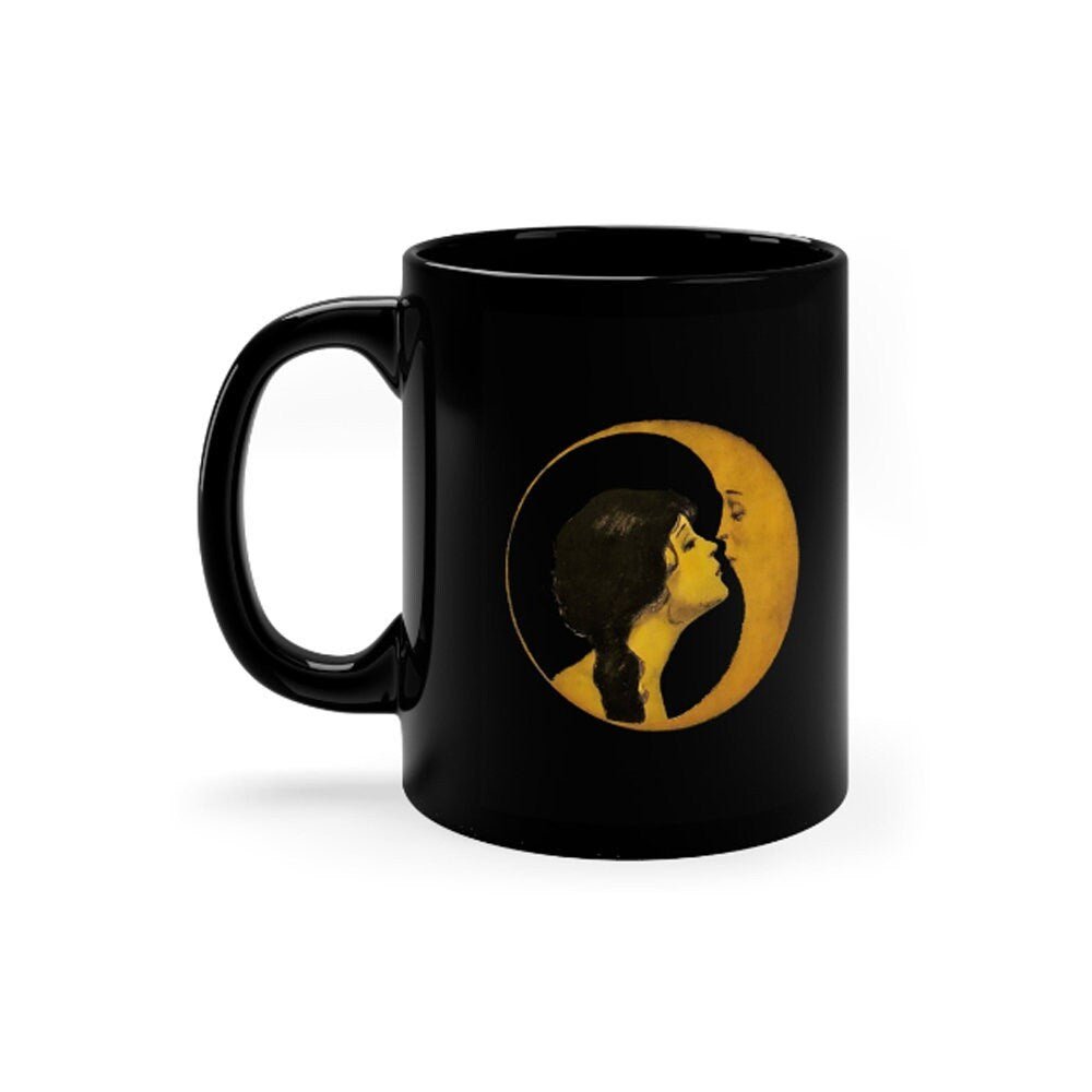 Woman Kissing Moon Mug 15 oz. Art Nouveau Mug - Vintage Black Coffee Cup - Moon Face Mug