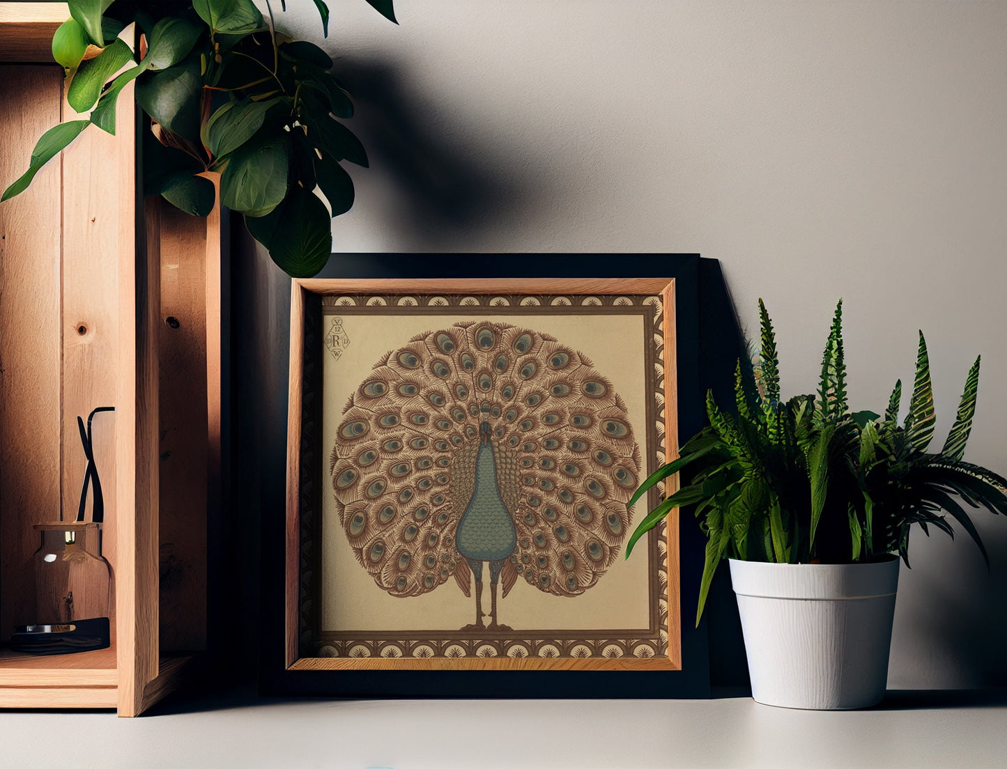 Vintage Peacock Print - Art Nouveau art print, Vintage Brown wall art, painting - Bird Print - Blue and Beige