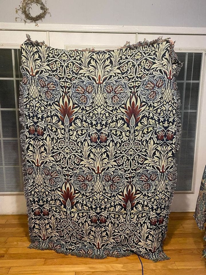 William Morris Floral Tapestry: Woven Cotton Bohemian Blanket by DesignBohemian