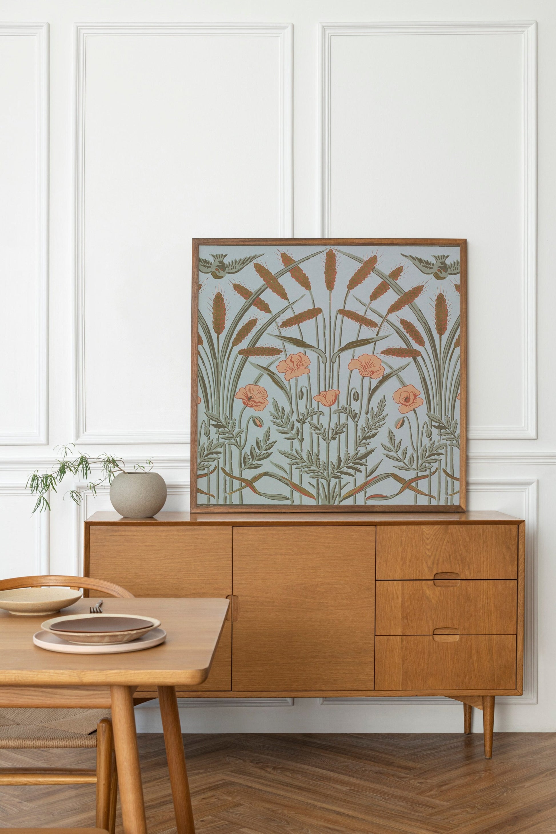 Walter Crane Print - Art Nouveau art print, Vintage bird wall art, painting - Cattails Print - Blue and Beige