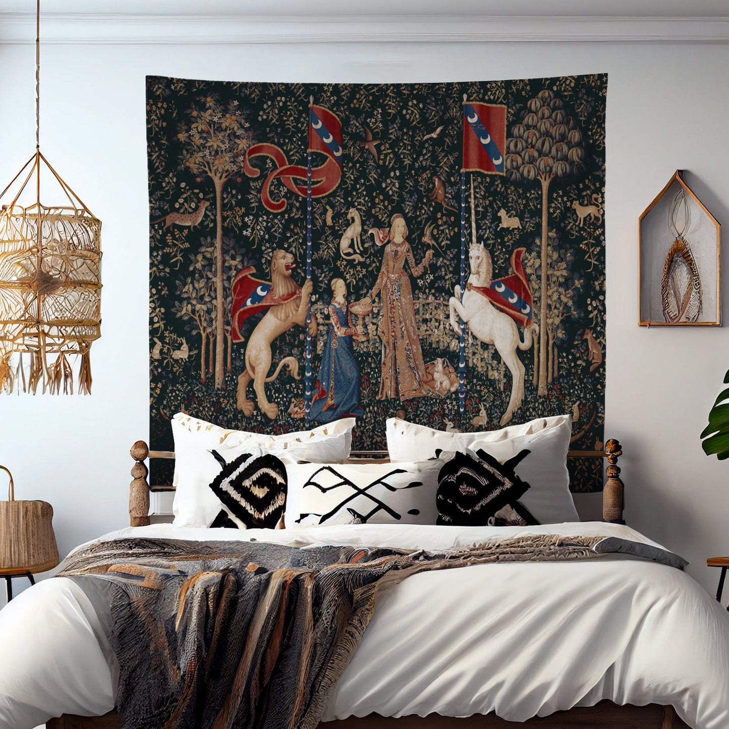 Lady With Unicorn Tapestry - Taste - Dark Green - Unicorn Art - Original by Raphael by DesignBohemian