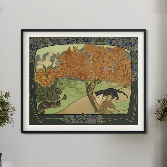 Nouveau Cats Print - Green and Beige Art - Art Nouveau Poster - Floral Print - Print Large - Paris Vintage Tree