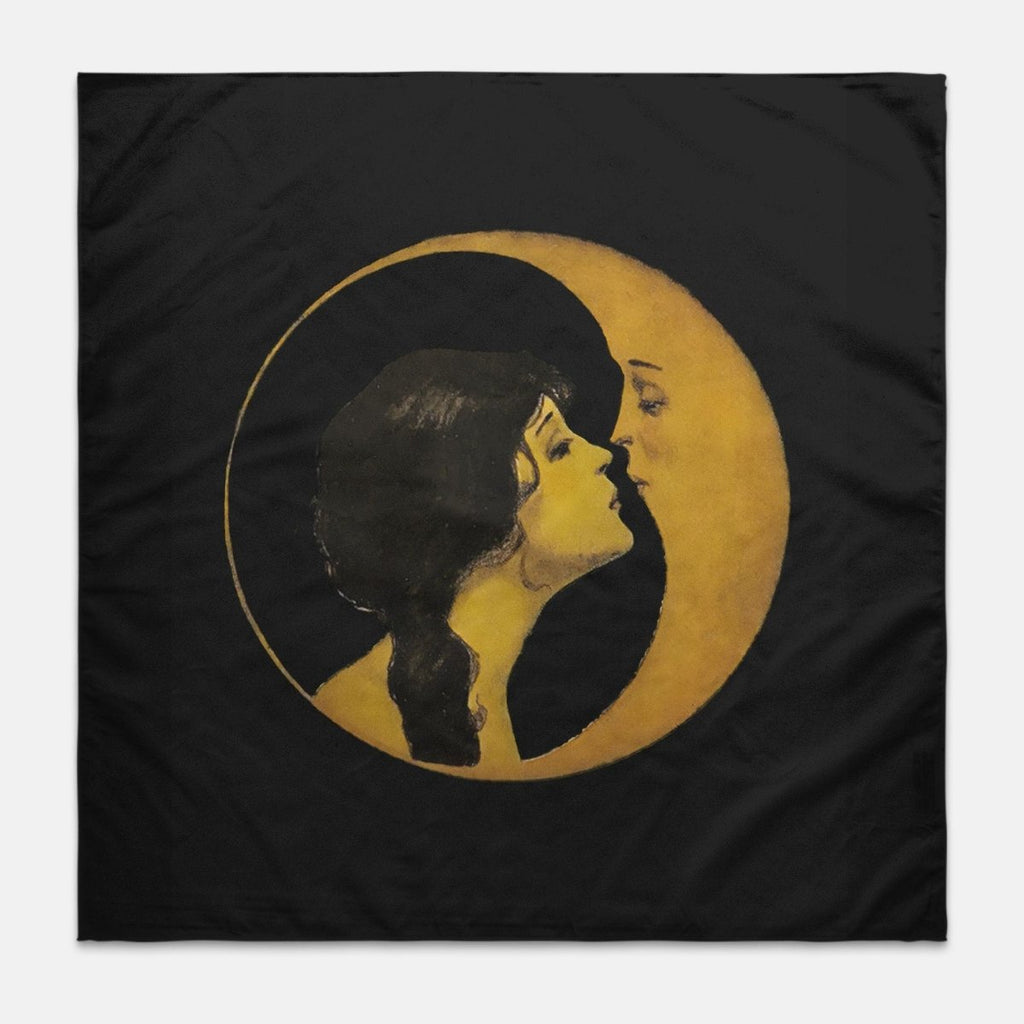 Woman Kissing Moon Tapestry in Black Square - Art Nouveau Wall Hanging