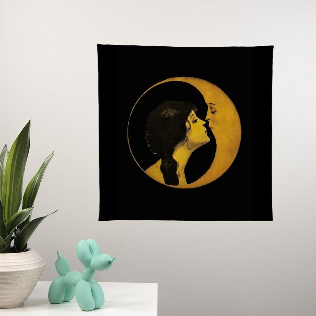 Woman Kissing Moon Tapestry in Black Square - Art Nouveau Wall Hanging