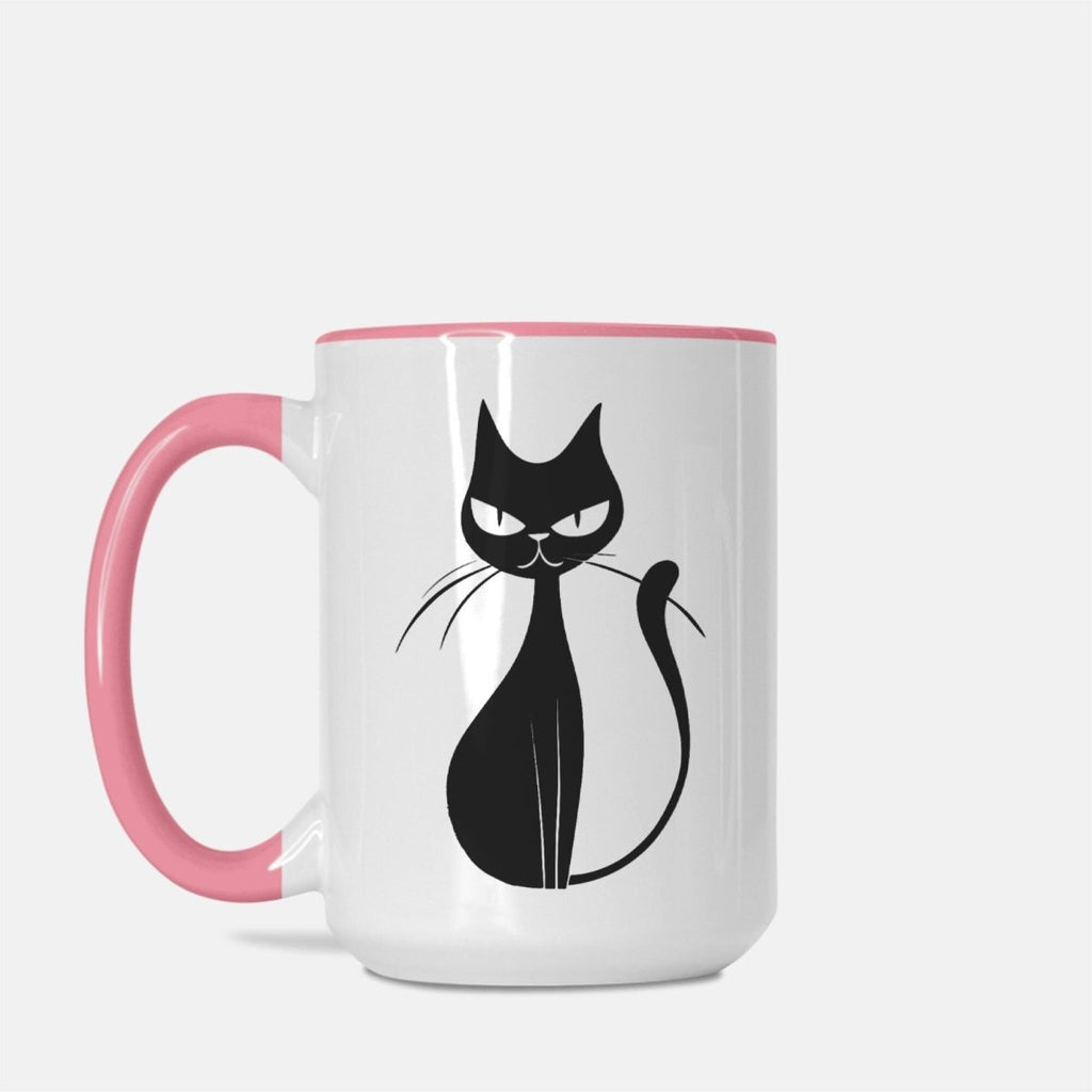 Midcentury Modern Cat Mug - Black Cat Mug - Pink Handle 15 oz. - Retro