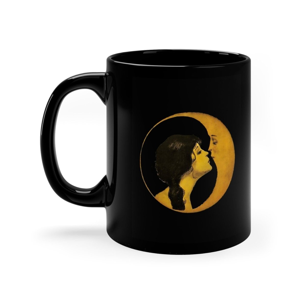 Woman Kissing Moon Mug 15 oz. Art Nouveau Mug - Vintage Black Coffee Cup - Moon Face Mug