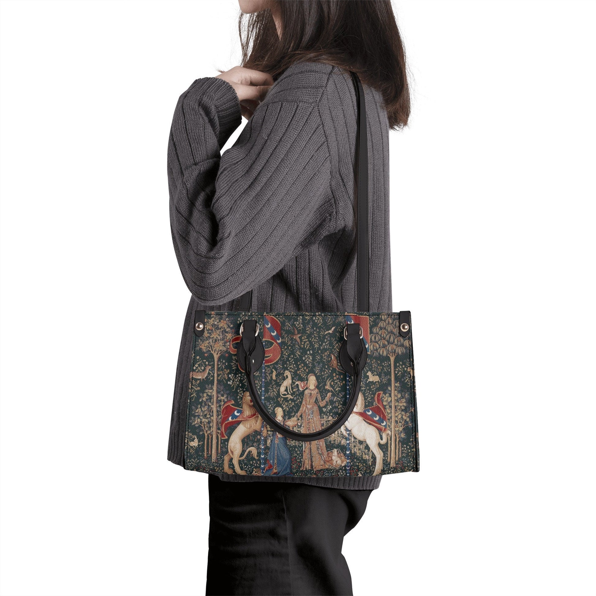 Lady with Unicorn Purse - Dark Green Handbag - Luxury Vegan Leather - With Shoulder Strap