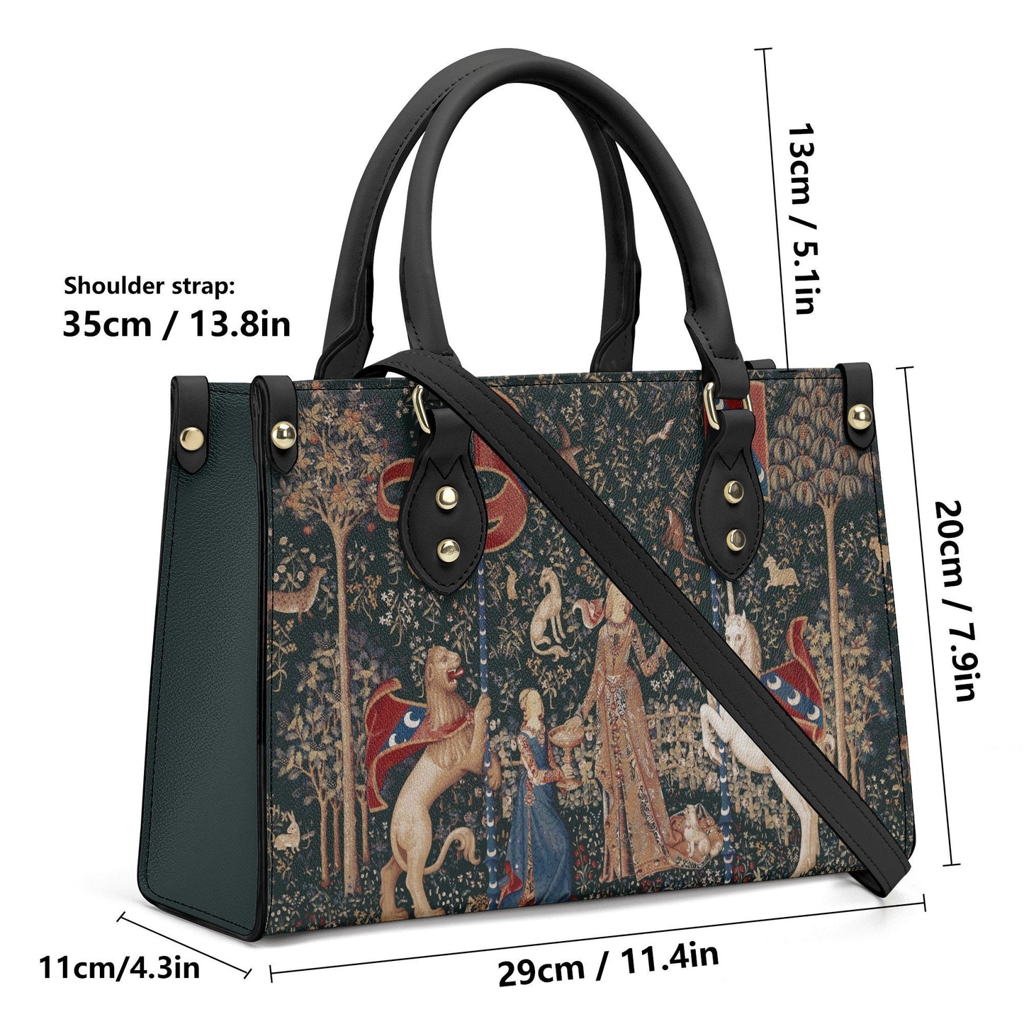 Lady with Unicorn Purse - Dark Green Handbag - Luxury Vegan Leather - With Shoulder Strap