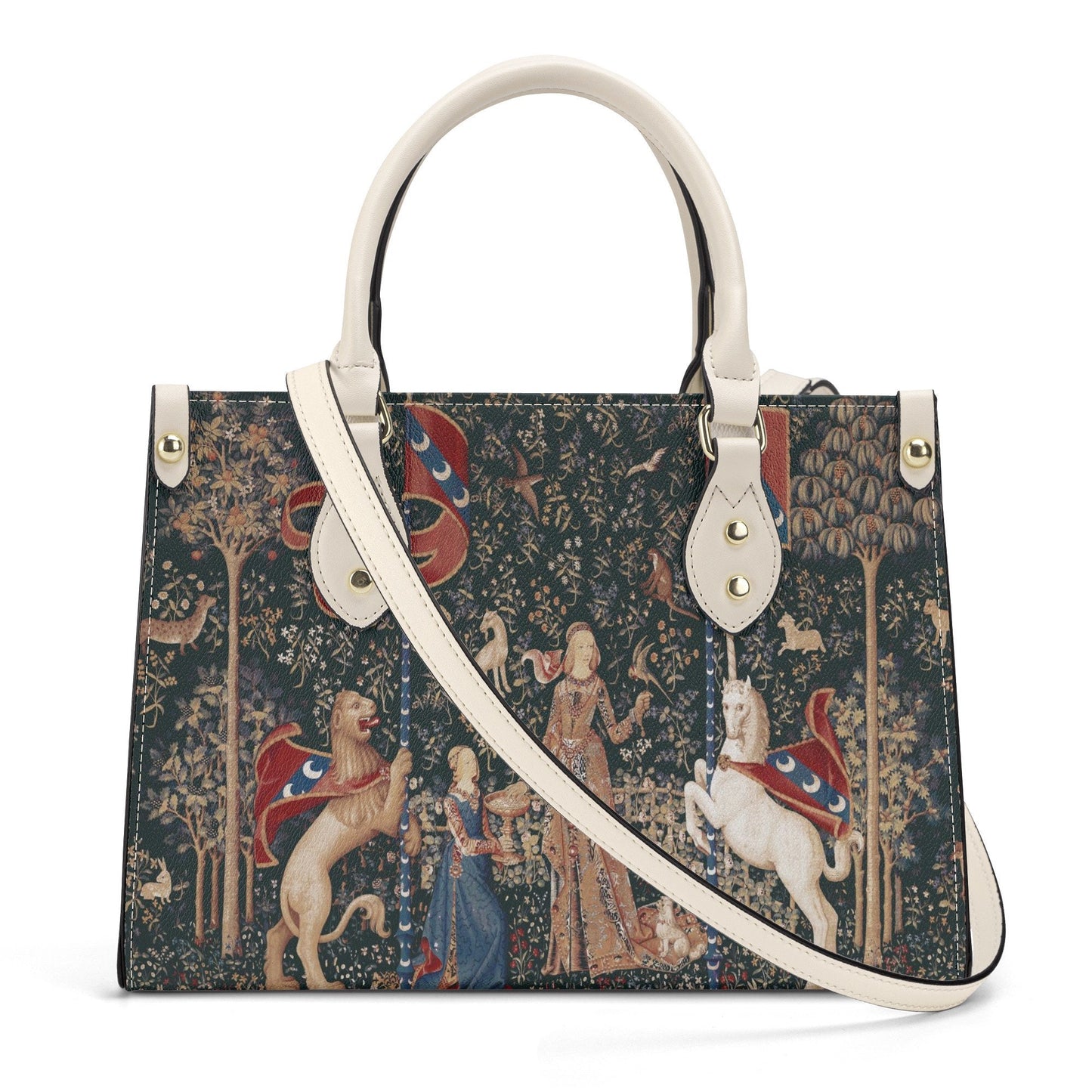 Lady with Unicorn Purse - Dark Green Handbag - Luxury Vegan Leather - With Shoulder Strap