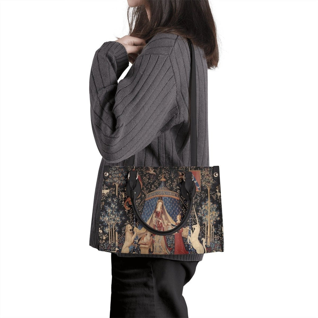 Lady with Unicorn Black Handbag - Luxury Vegan Leather - With Shoulder Strap