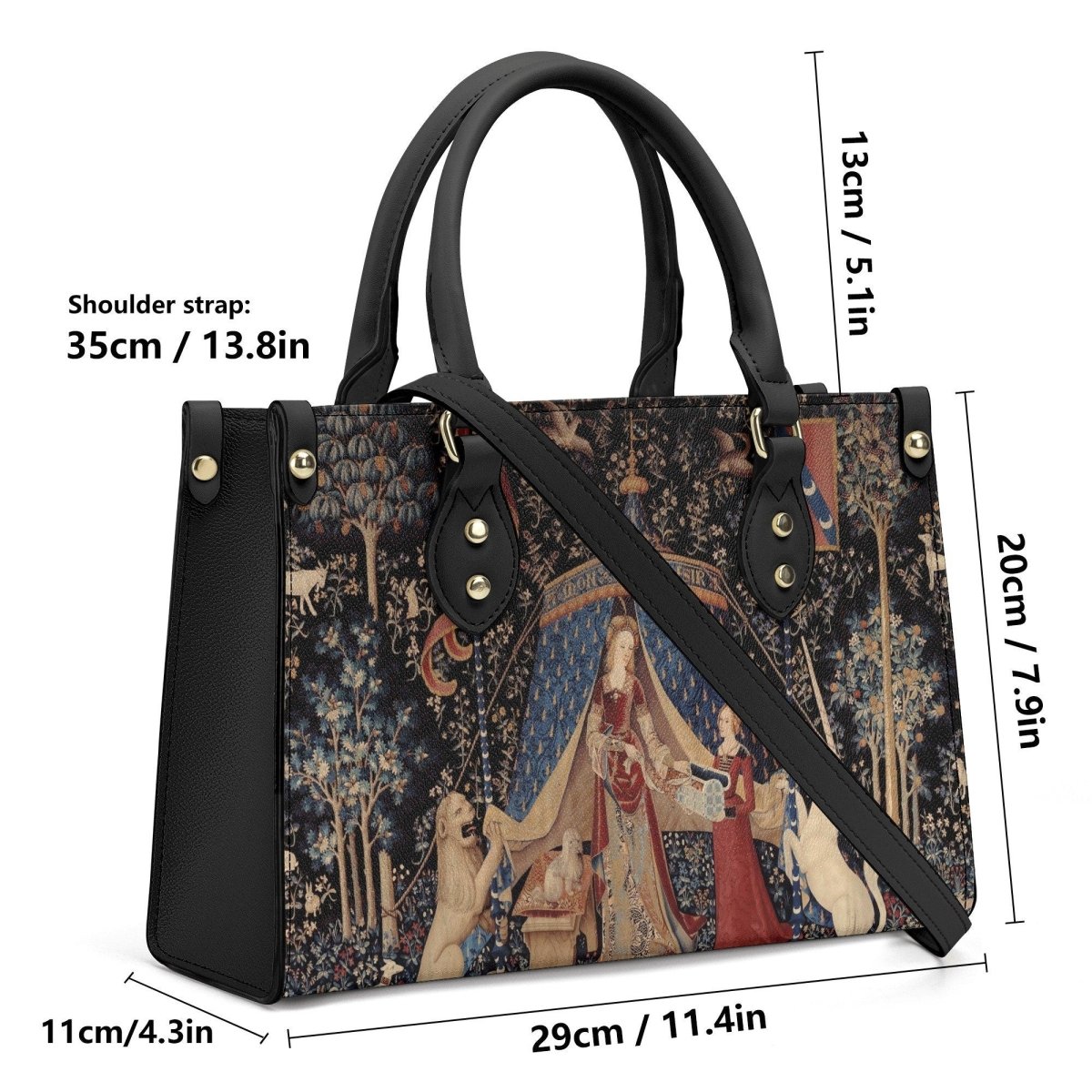 Lady with Unicorn Black Handbag - Luxury Vegan Leather - With Shoulder Strap